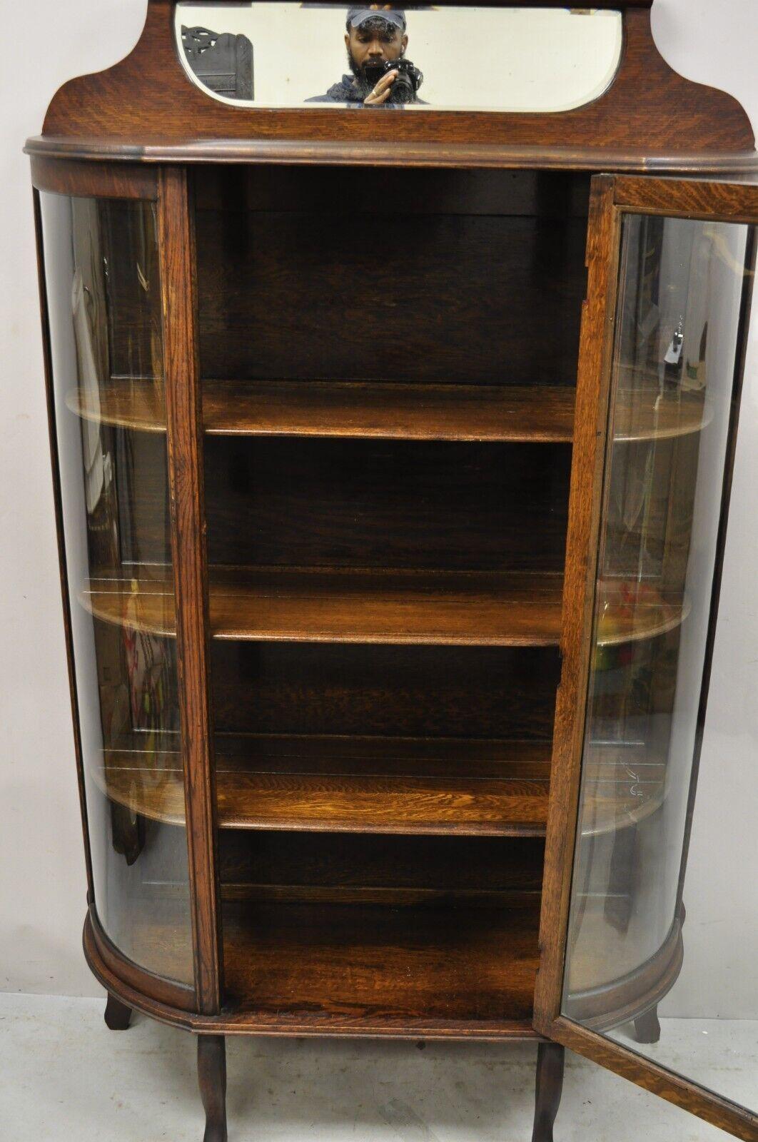 20th Century Antique American Victorian Oak Wood Curved Glass China Display Cabinet For Sale