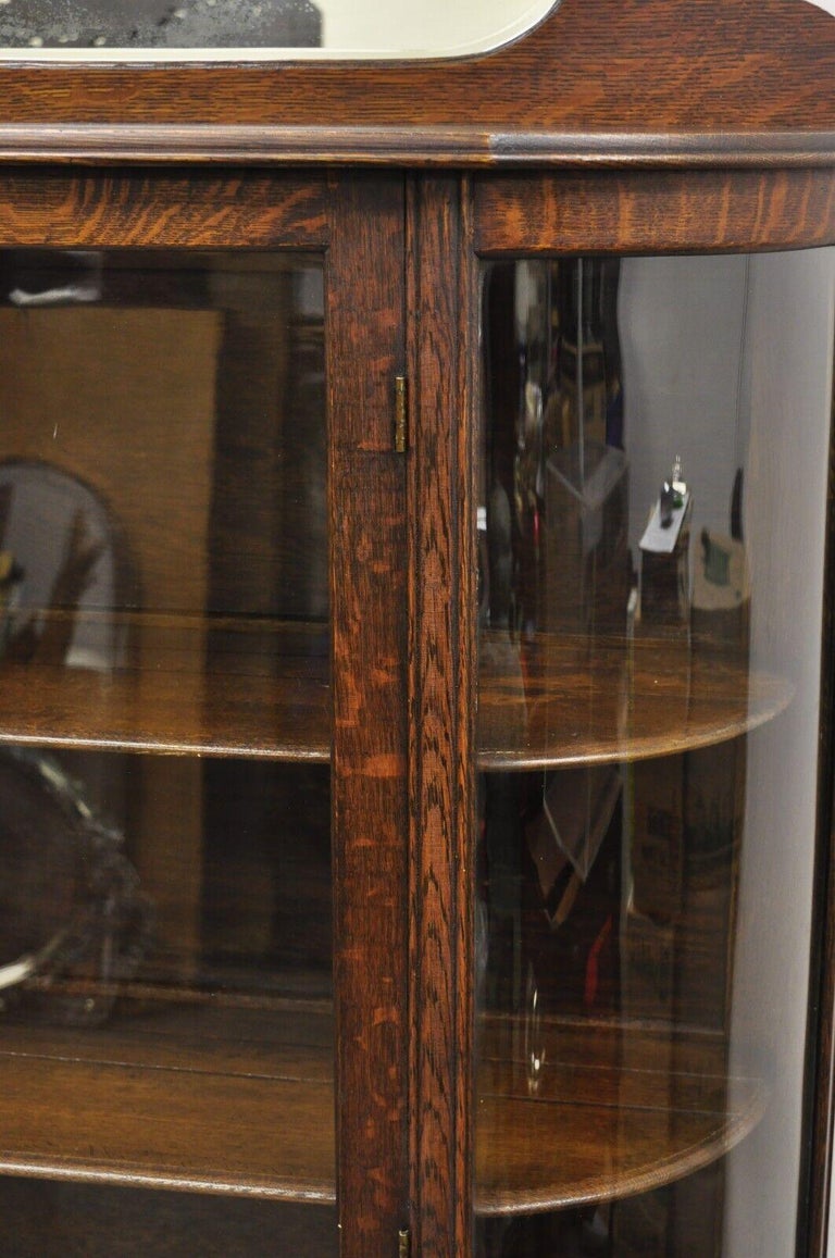 Antique American Victorian Oak Wood Curved Glass China Display