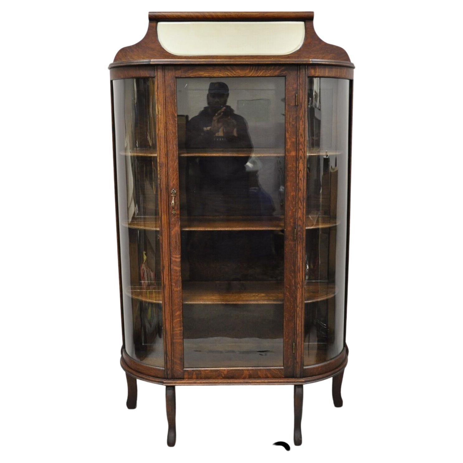 Antique American Victorian Oak Wood Curved Glass China Display Cabinet For Sale