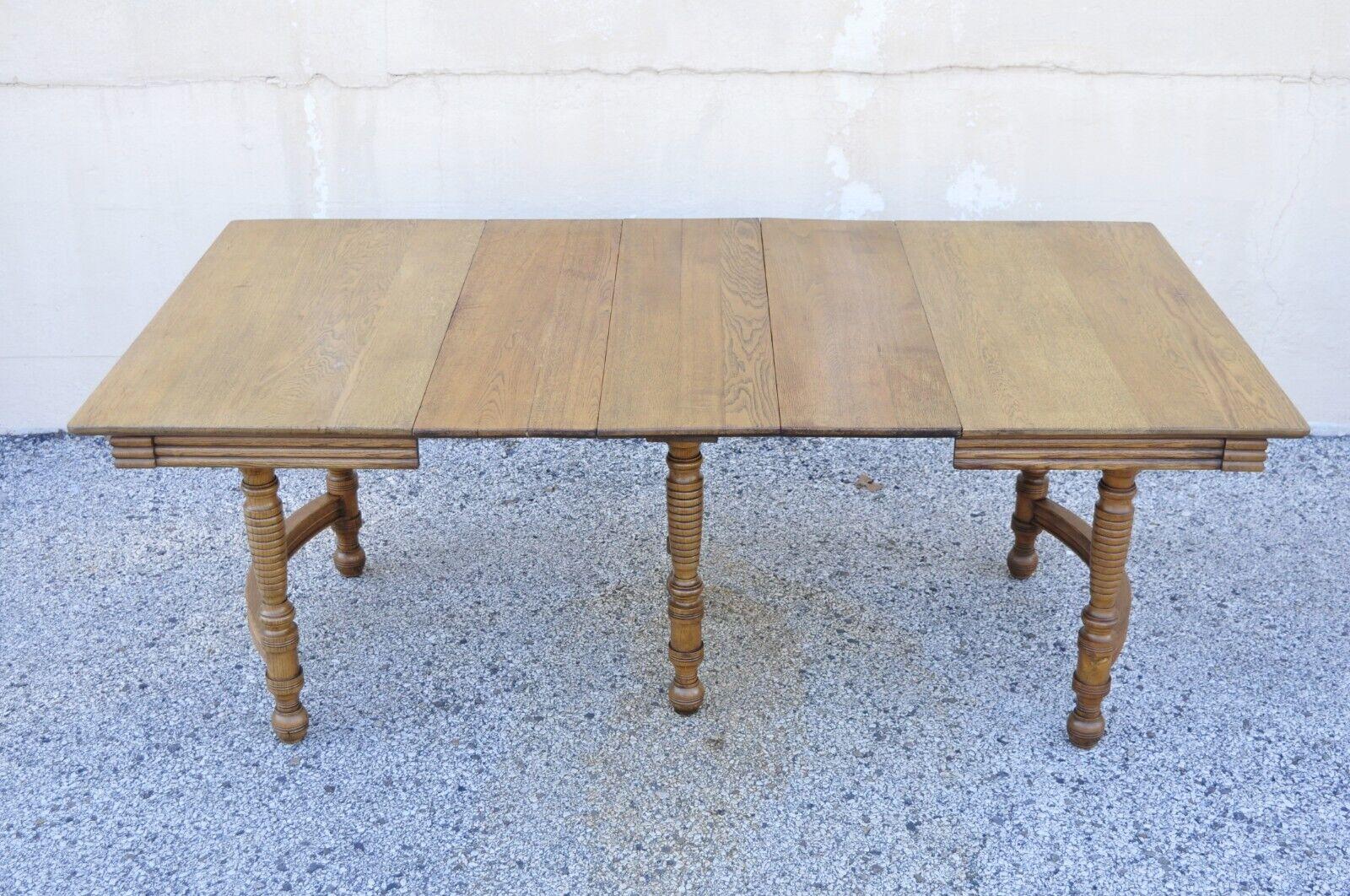 20th Century Antique American Victorian Oak Wood Square Extension Dining Table with 3 Leaves For Sale