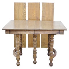 Antique American Victorian Oak Wood Square Extension Dining Table with 3 Leaves