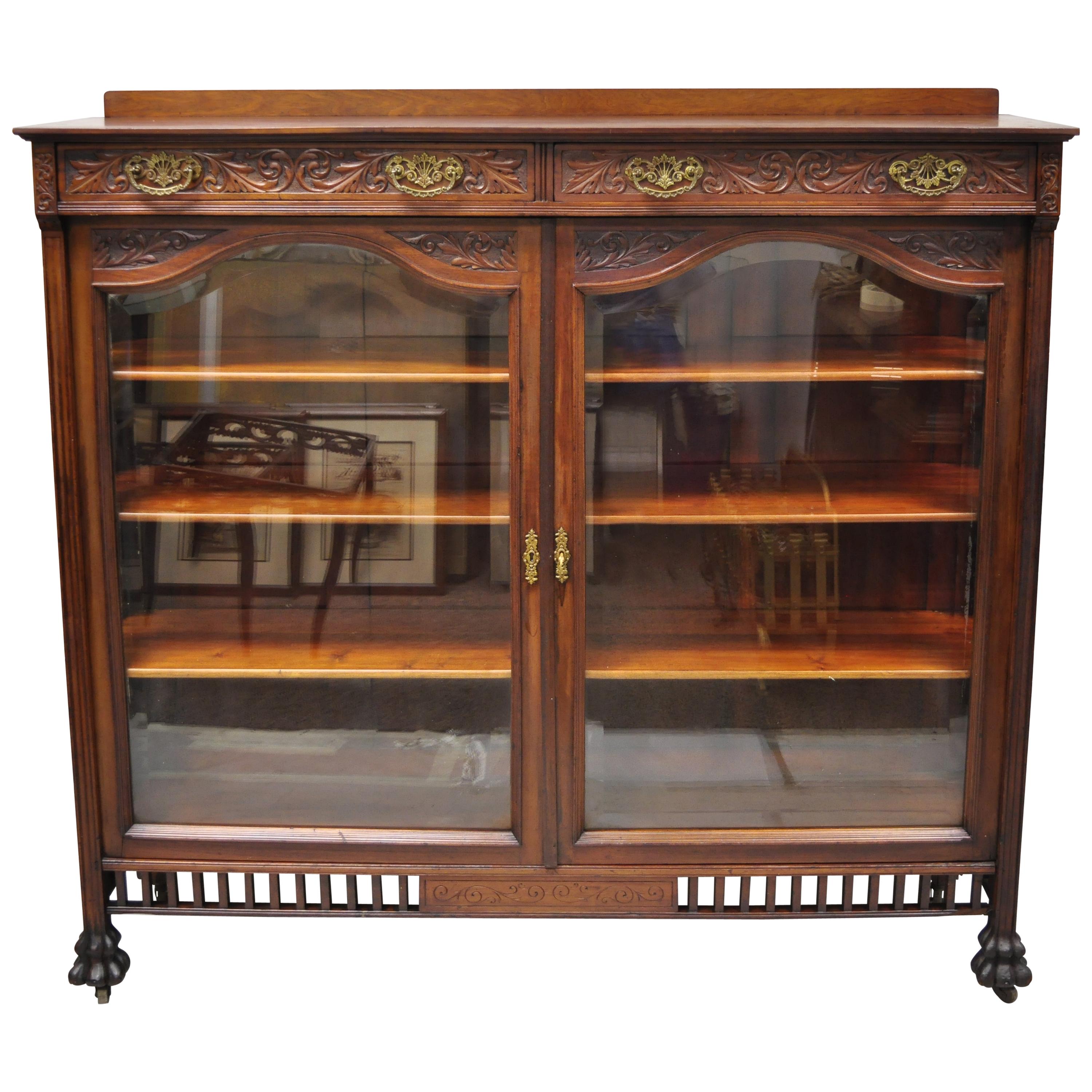 Antique American Victorian Paw Feet Carved Mahogany China Cabinet Bookcase Curio For Sale