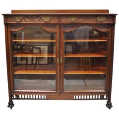 Vintage American Victorian Paw Feet Carved Mahogany China Cabinet Bookcase Curio