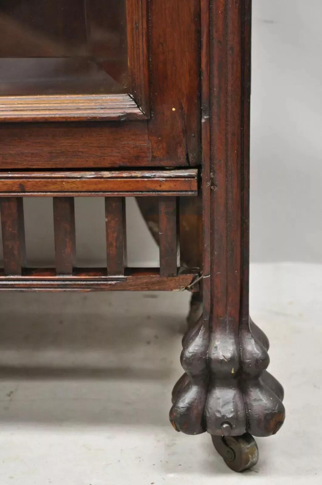 Antique American Victorian Paw Foot Carved Mahogany China Cabinet Bookcase Curio For Sale 4