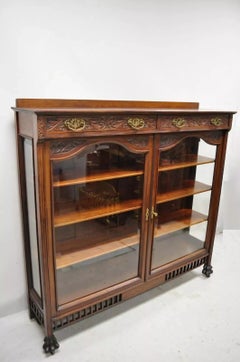 Antique American Victorian Paw Foot Carved Mahogany China Cabinet Bookcase Curio