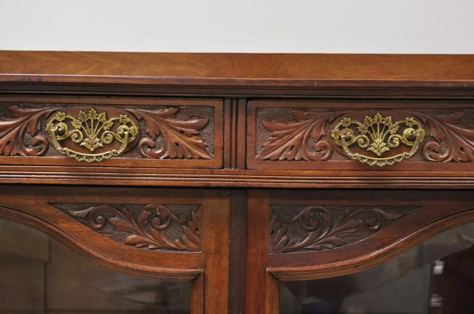 Unknown Antique American Victorian Paw Foot Carved Mahogany China Cabinet Bookcase Curio For Sale