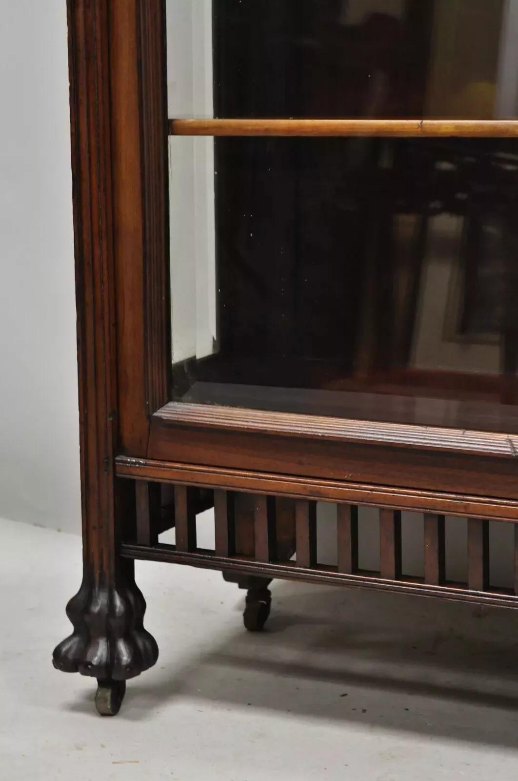 19th Century Antique American Victorian Paw Foot Carved Mahogany China Cabinet Bookcase Curio For Sale