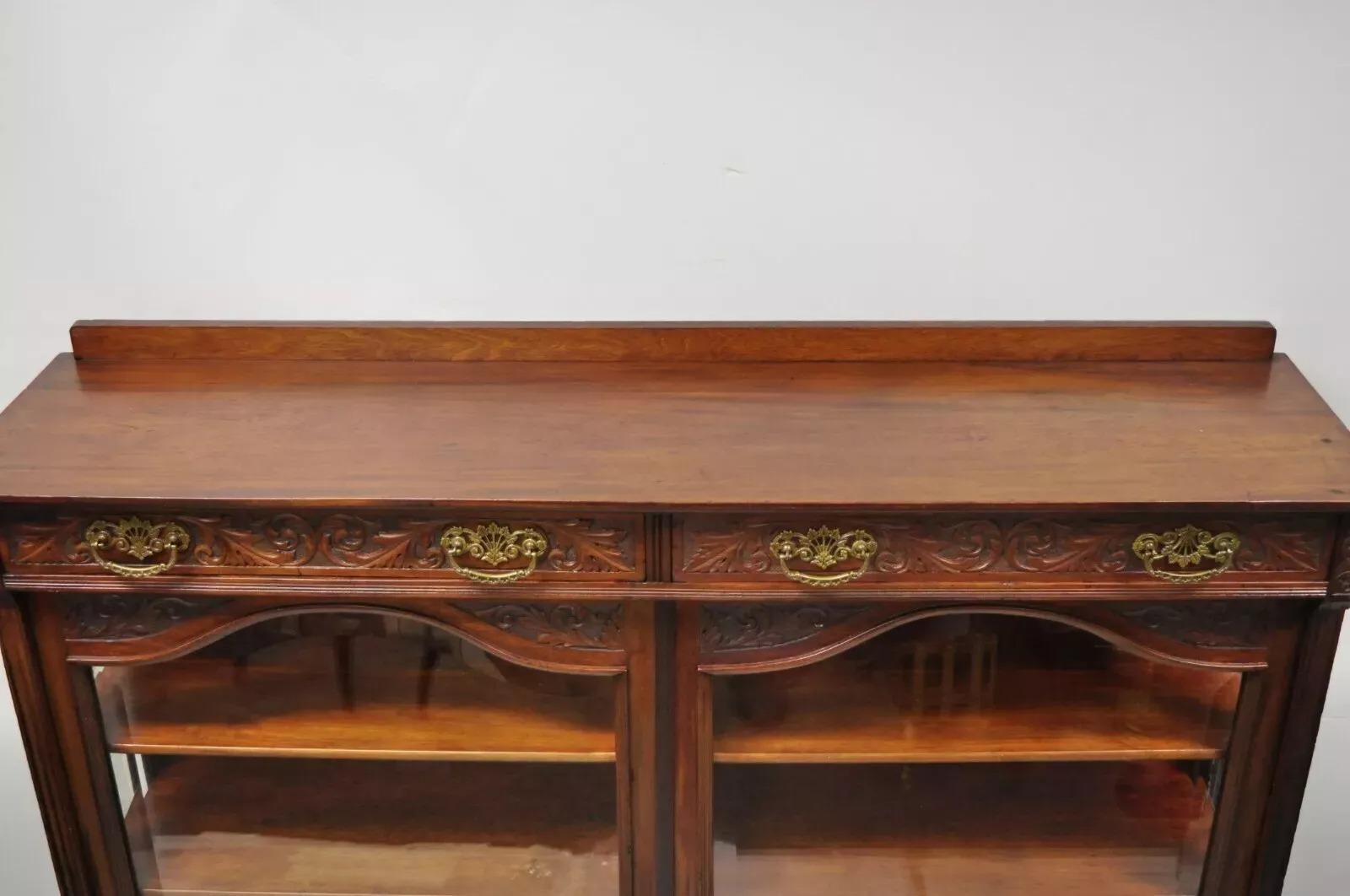 Glass Antique American Victorian Paw Foot Carved Mahogany China Cabinet Bookcase Curio For Sale