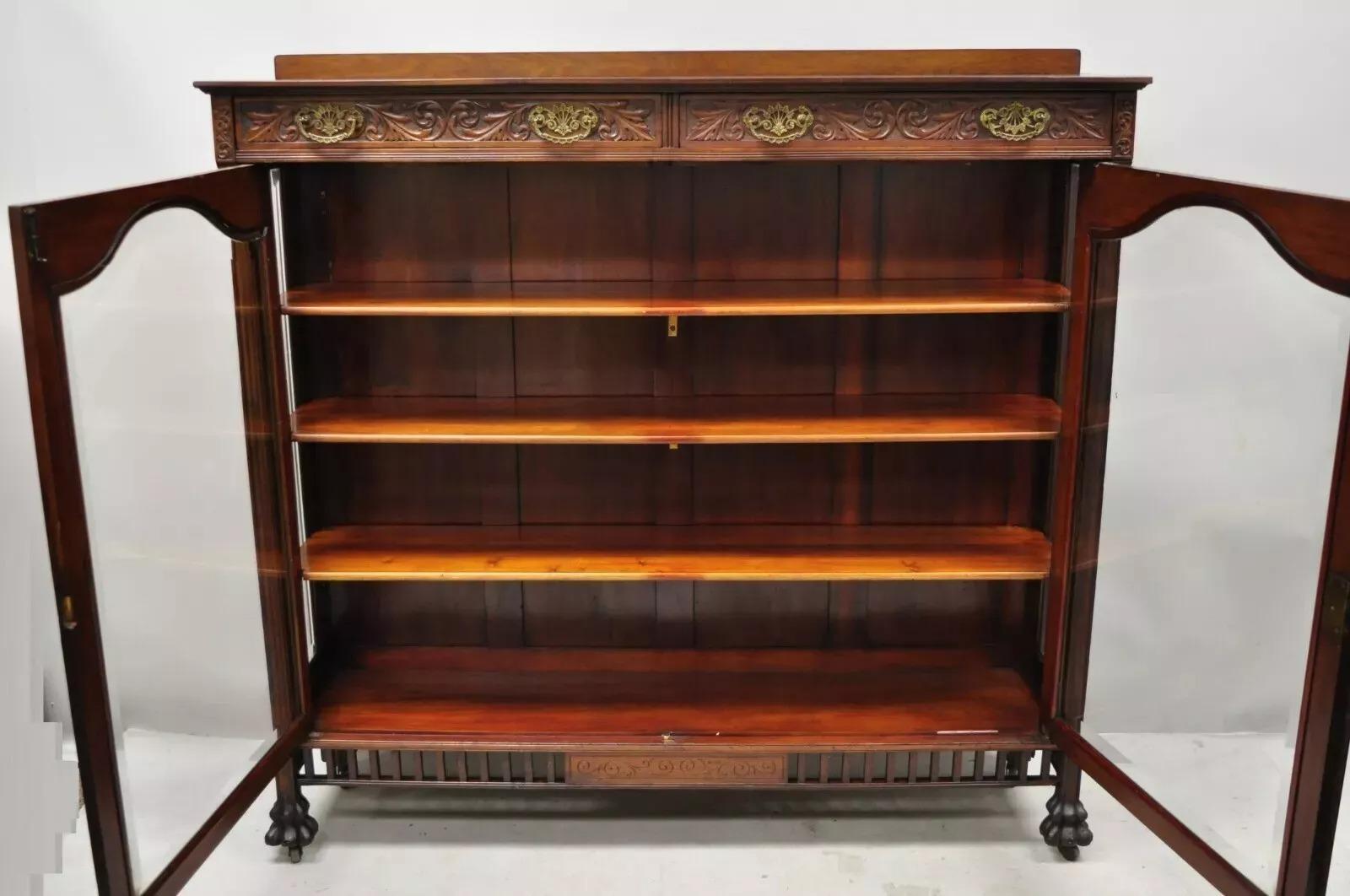 Antique American Victorian Paw Foot Carved Mahogany China Cabinet Bookcase Curio For Sale 2