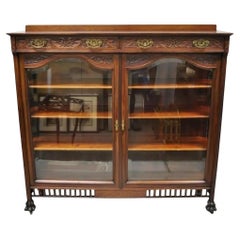 Antique American Victorian Paw Foot Carved Mahogany China Cabinet Bookcase Curio