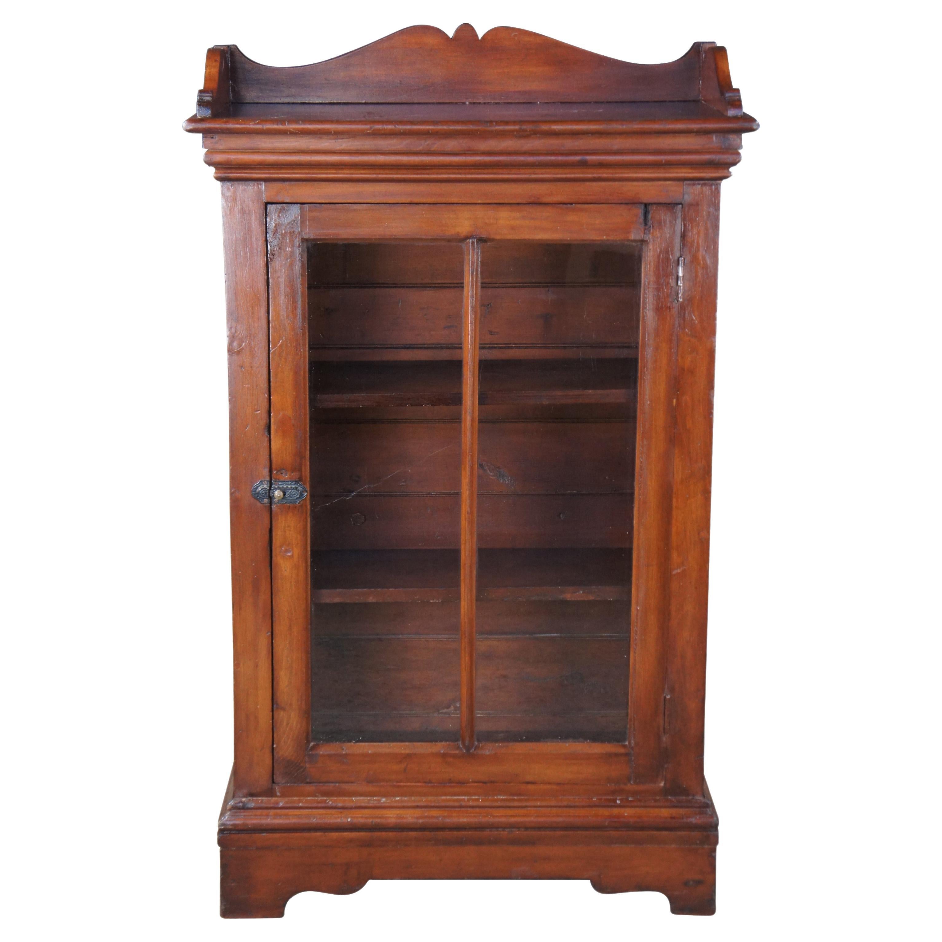 Antique American Victorian Pine Curio China Display Cabinet Bookcase Shelf 55" For Sale