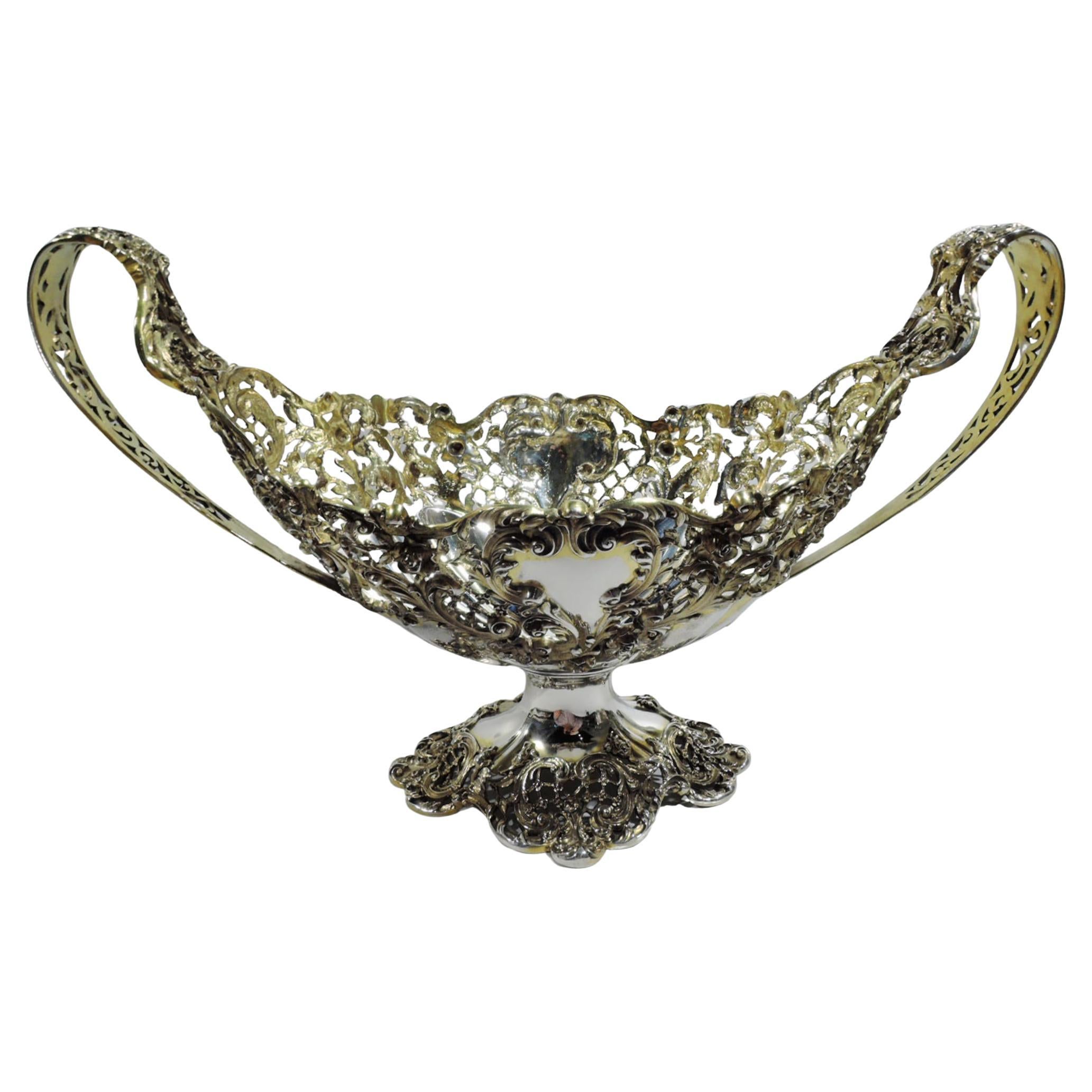 Antica ciotola centrotavola americana vittoriana rococò in argento dorato