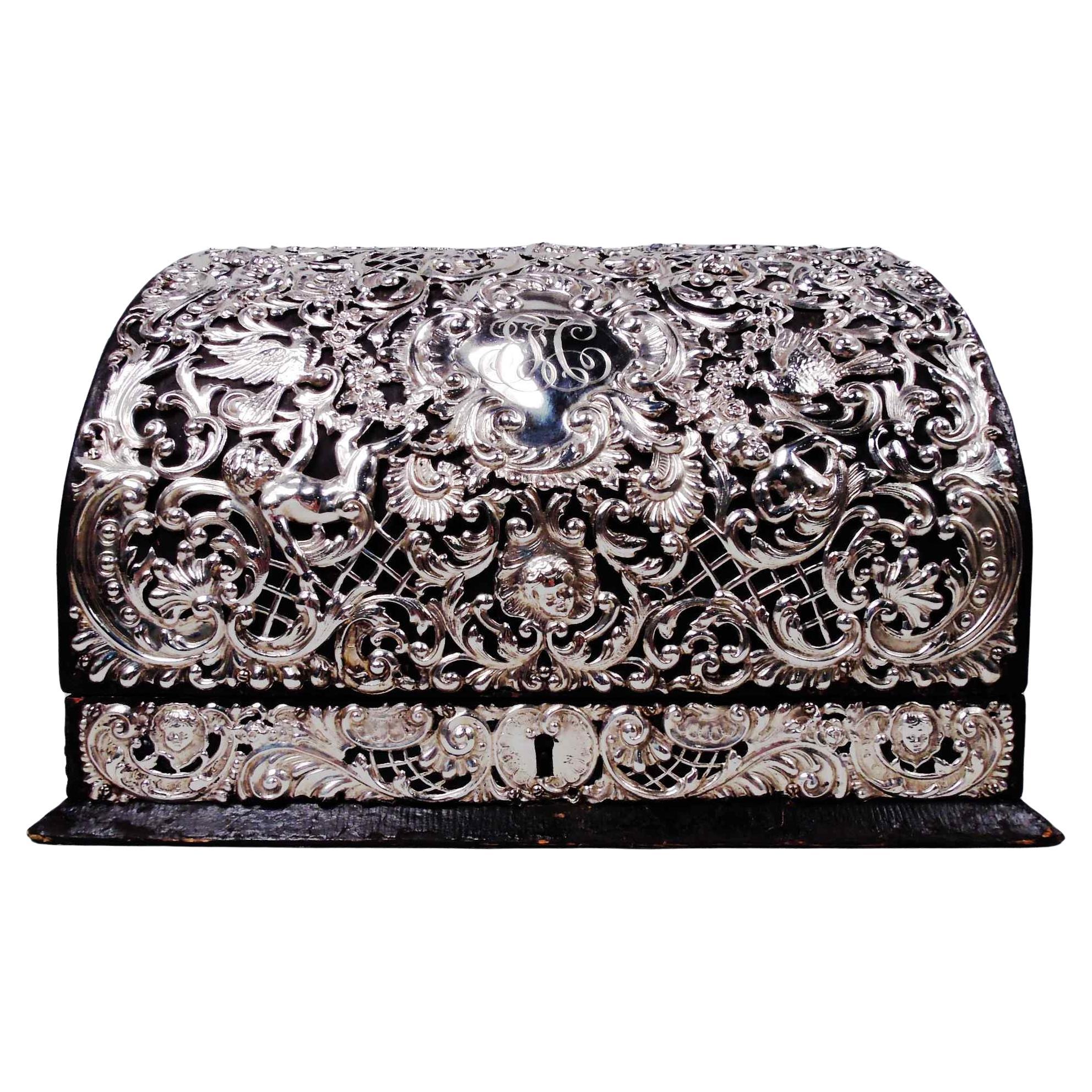 Antique American Victorian Rococo Sterling Silver & Leather Letter Box