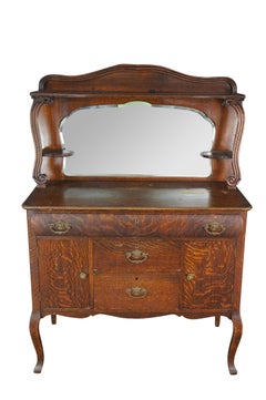 Antique American Victorian Tiger Oak Sideboard Buffet & Hutch Barback Mirror 63"