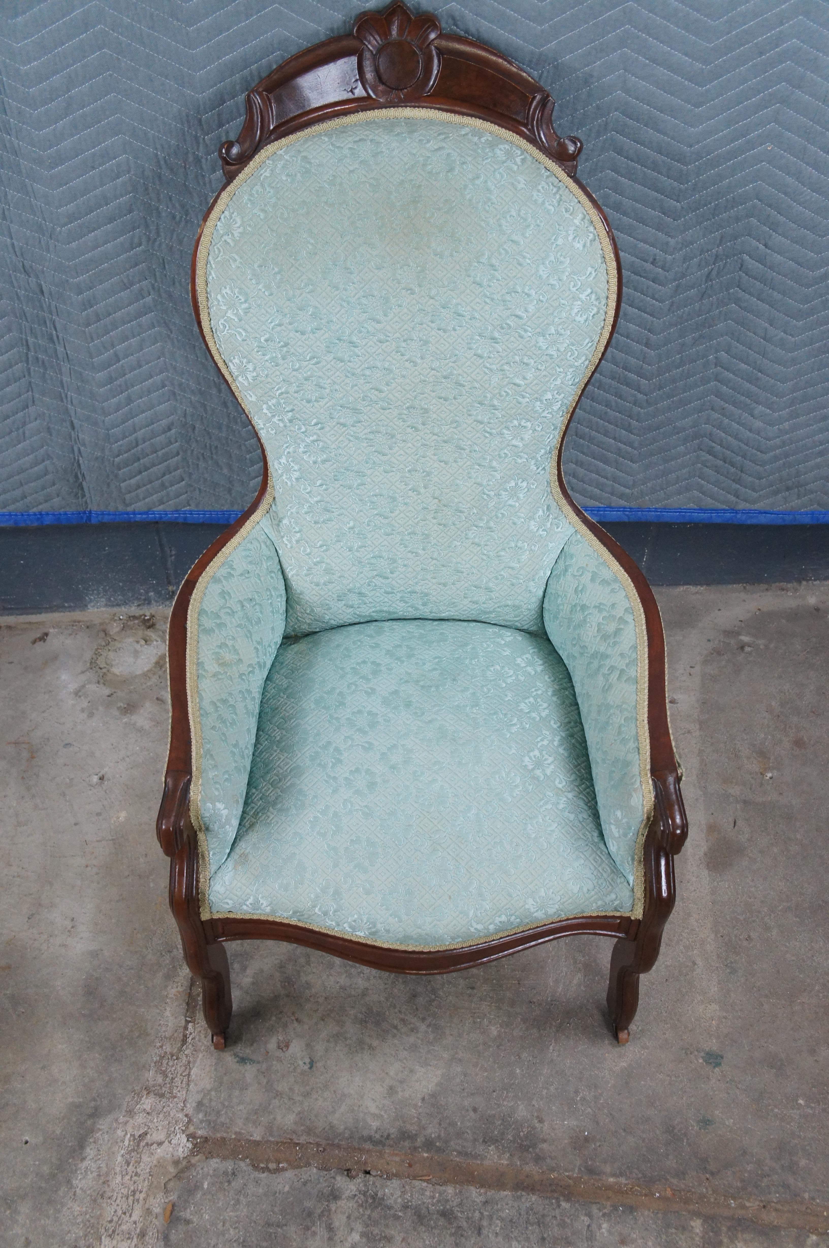 19th Century Antique American Victorian Walnut Balloon Back Library Parlor Armchair For Sale