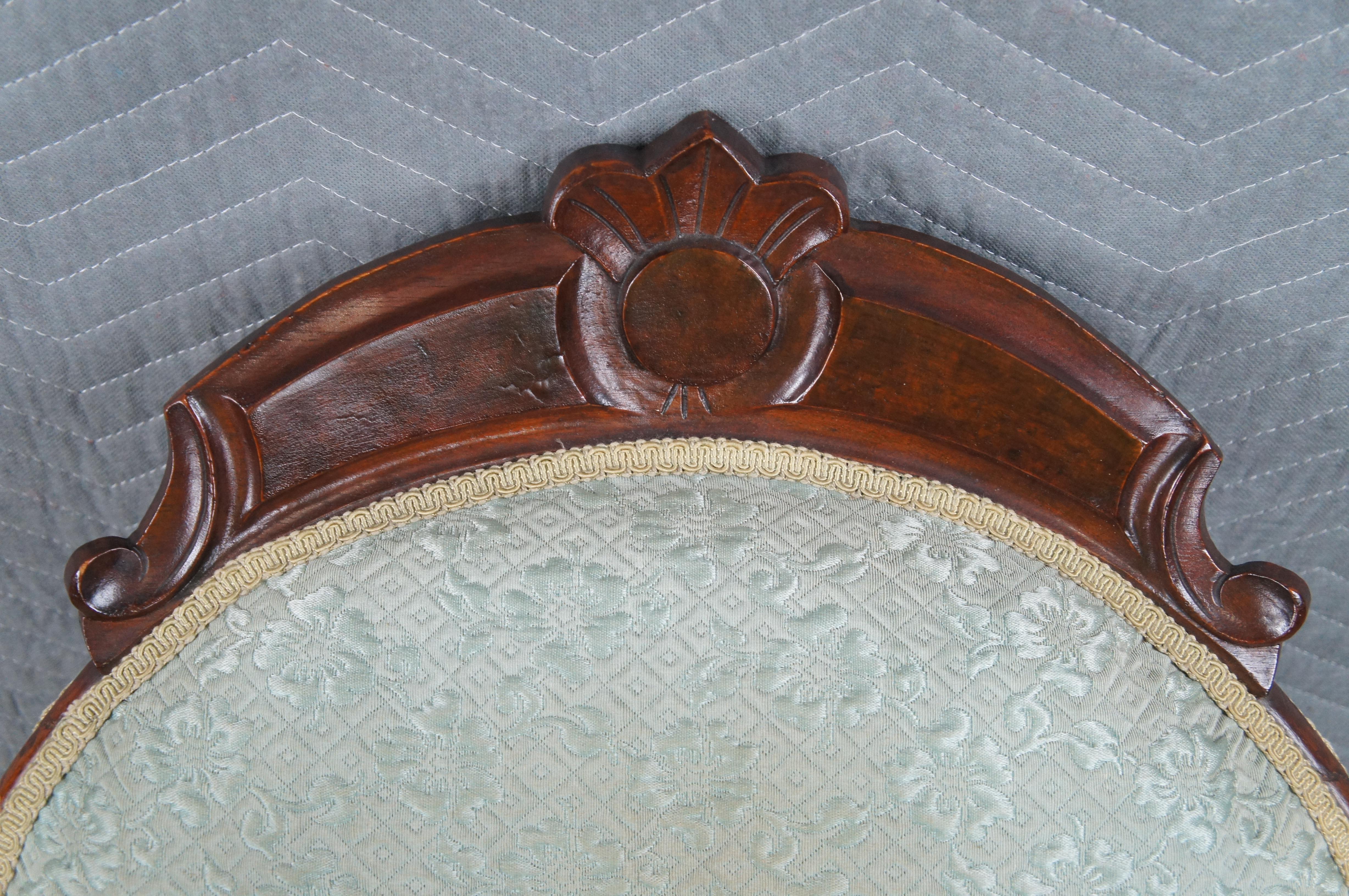 Fabric Antique American Victorian Walnut Balloon Back Library Parlor Armchair For Sale
