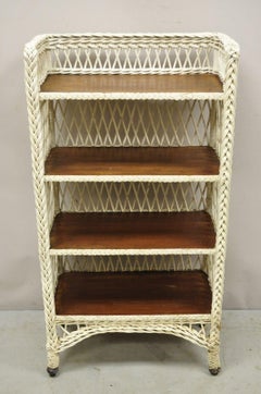 Antique American Victorian White Wicker 5 Shelf Bookcase Curio Display Stand