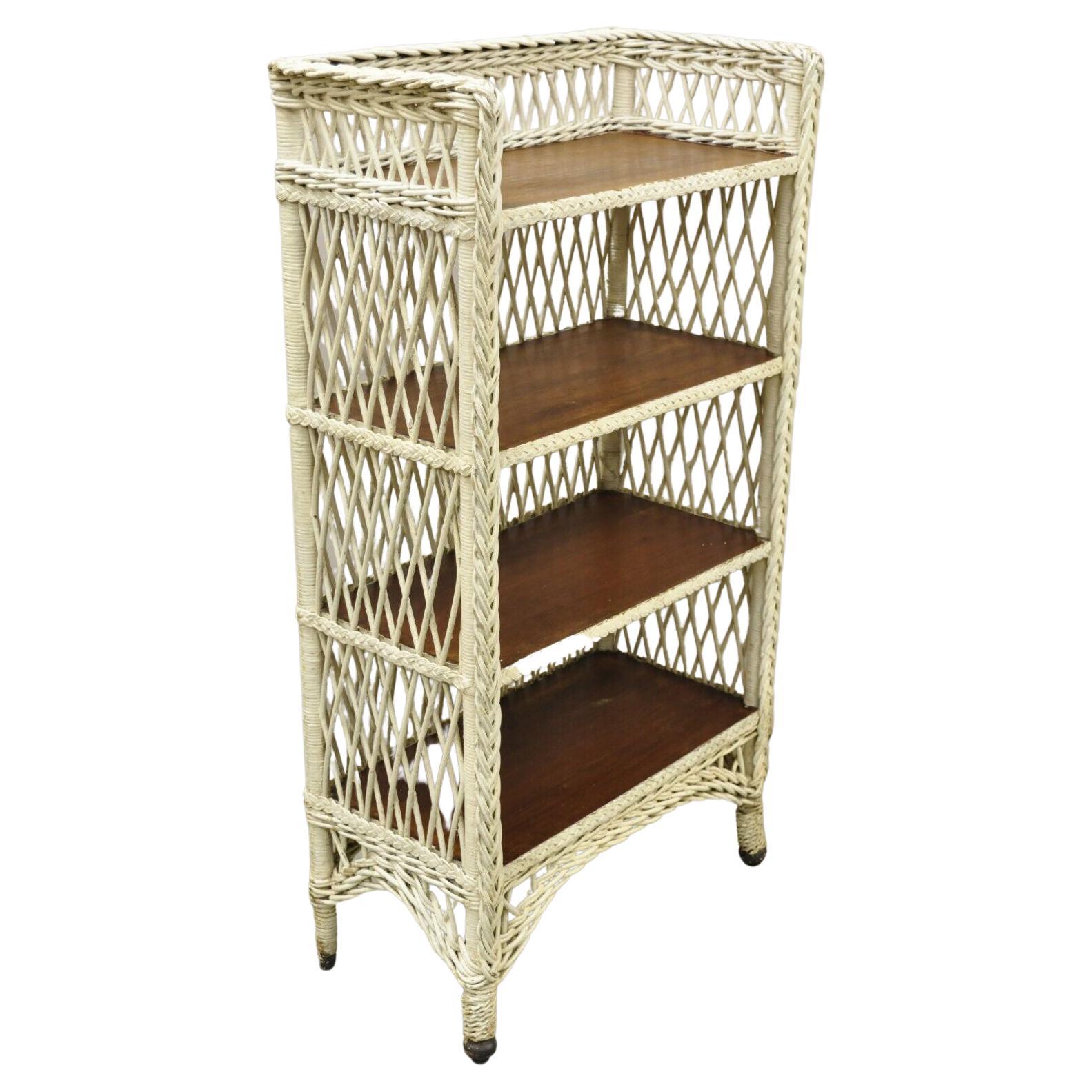 Antique American Victorian White Wicker 5 Shelf Bookcase Curio Display Stand For Sale