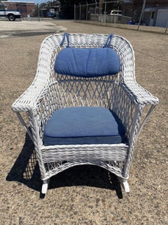 Antique American Victorian White Wicker Sunroom Rocking Chair Rocker