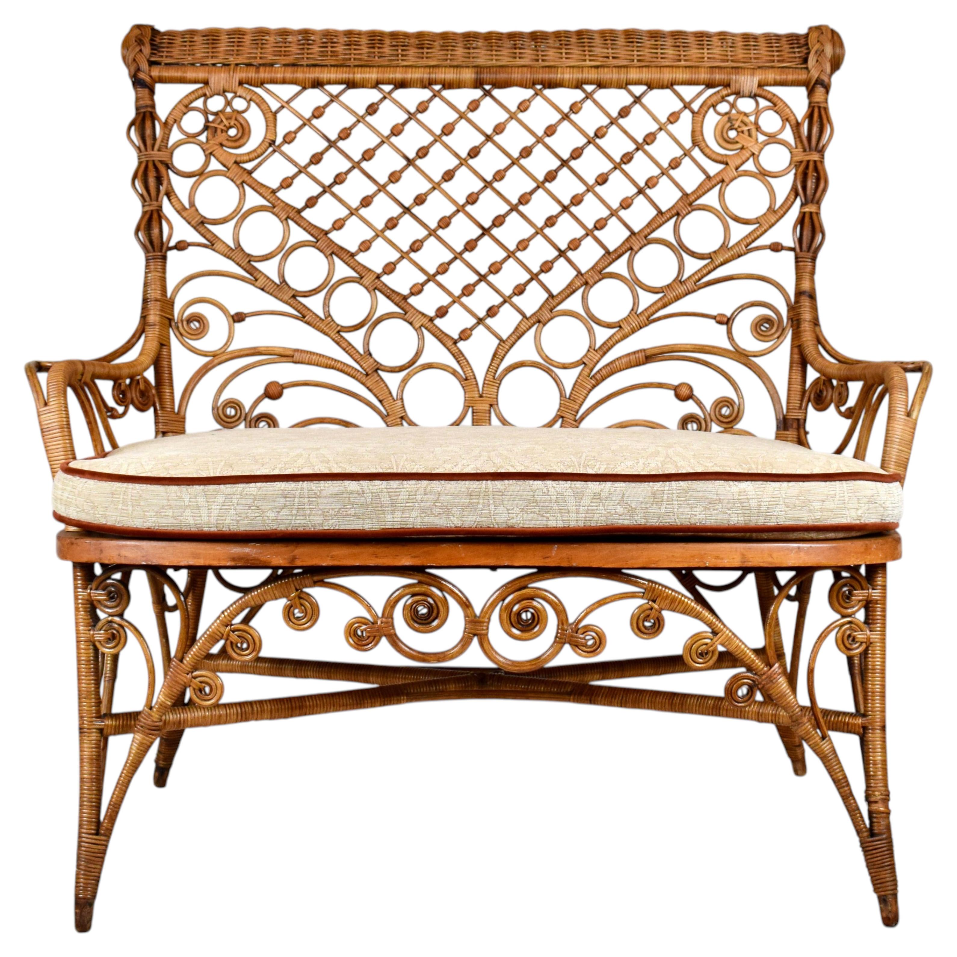 Antique American Victorian Wicker And Caned Settee or Courting Bench