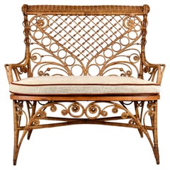 Antique American Victorian Wicker And Caned Settee or Courting Bench