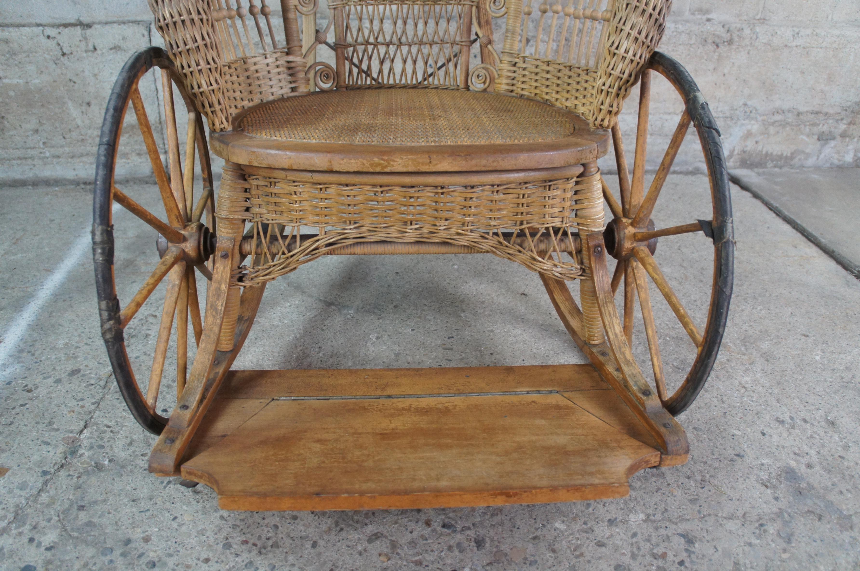 19th Century Antique American Victorian Wicker Boardwalk Wheelchair Chair Medical Carriage 