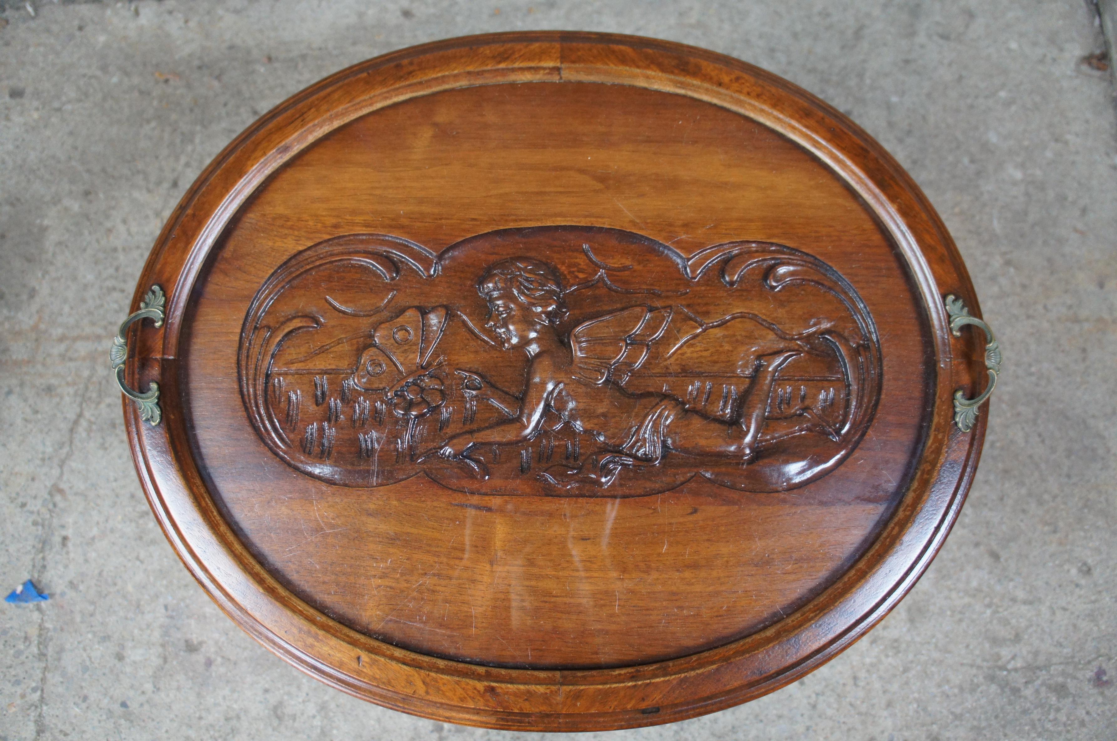 Antique American Walnut Carved Angel Butterfly Tea Tray Cocktail Serving Table 1