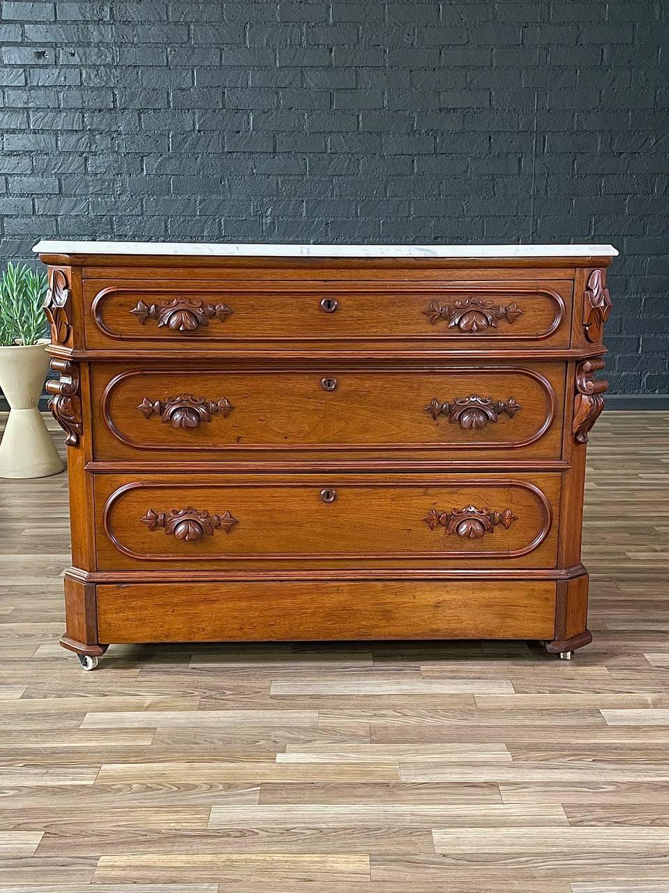 Early 20th Century Antique American Walnut Marble Top Chest with Four Drawers