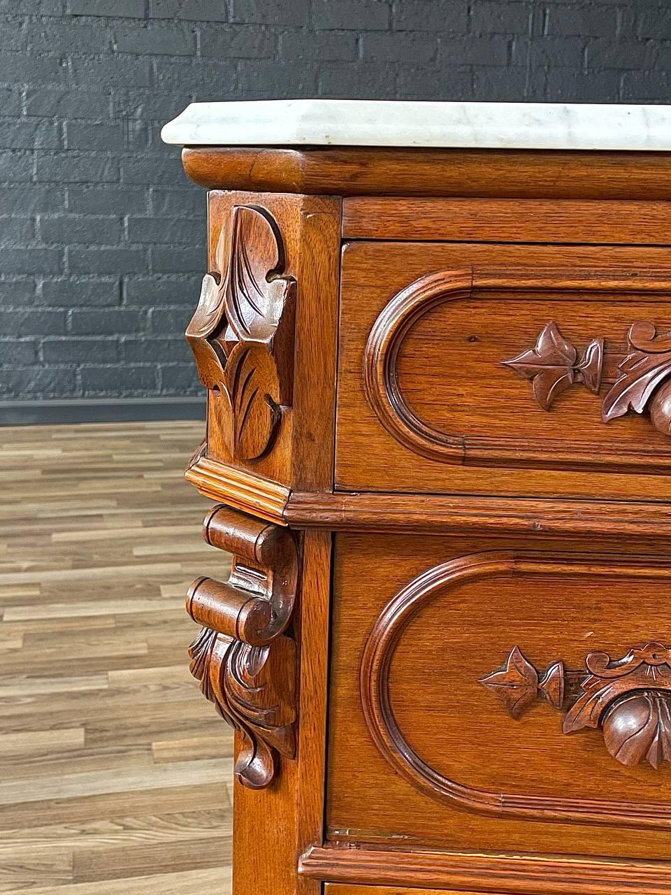 Martelé Antique American Walnut Marble Top Chest with Four Drawers