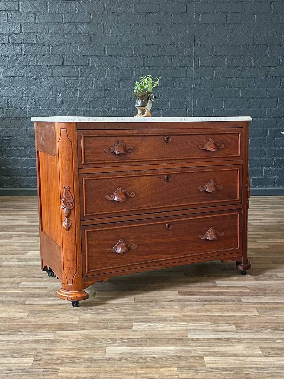 Other Antique American Walnut & Marble Top Dresser with Three Drawers