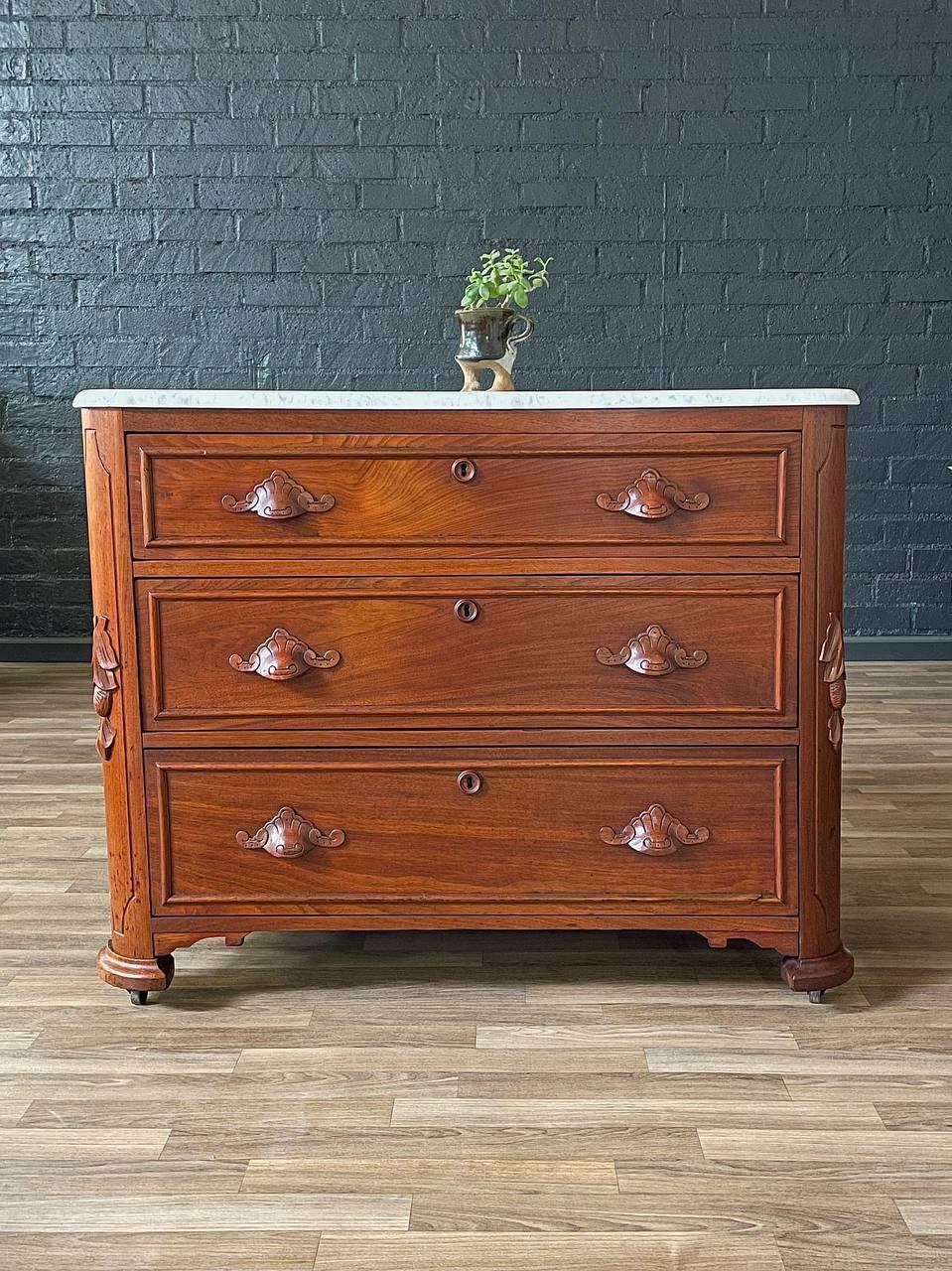 Early 20th Century Antique American Walnut & Marble Top Dresser with Three Drawers