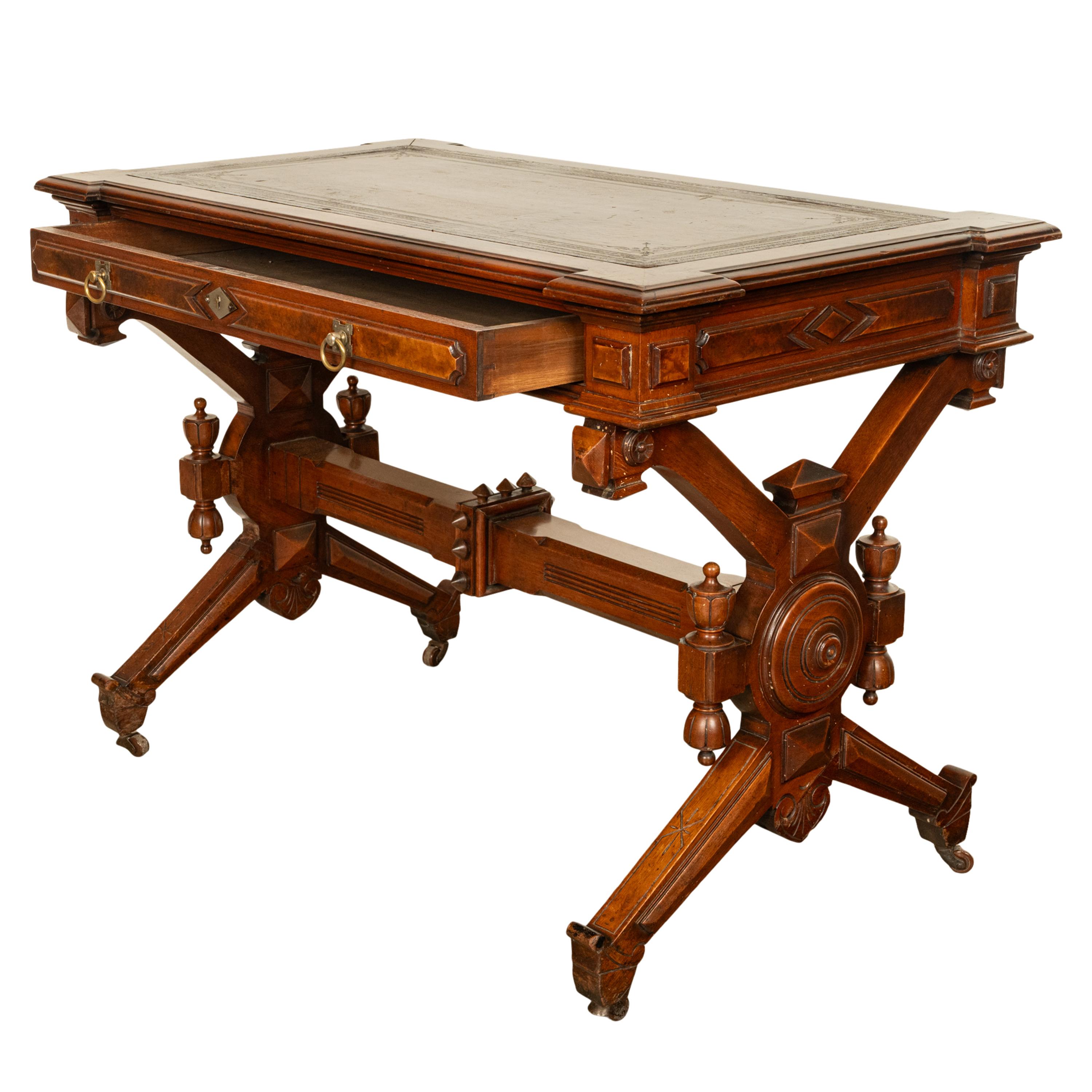 Leather Antique American Walnut Renaissance Revival Aesthetic Movement Desk Table 1875 For Sale