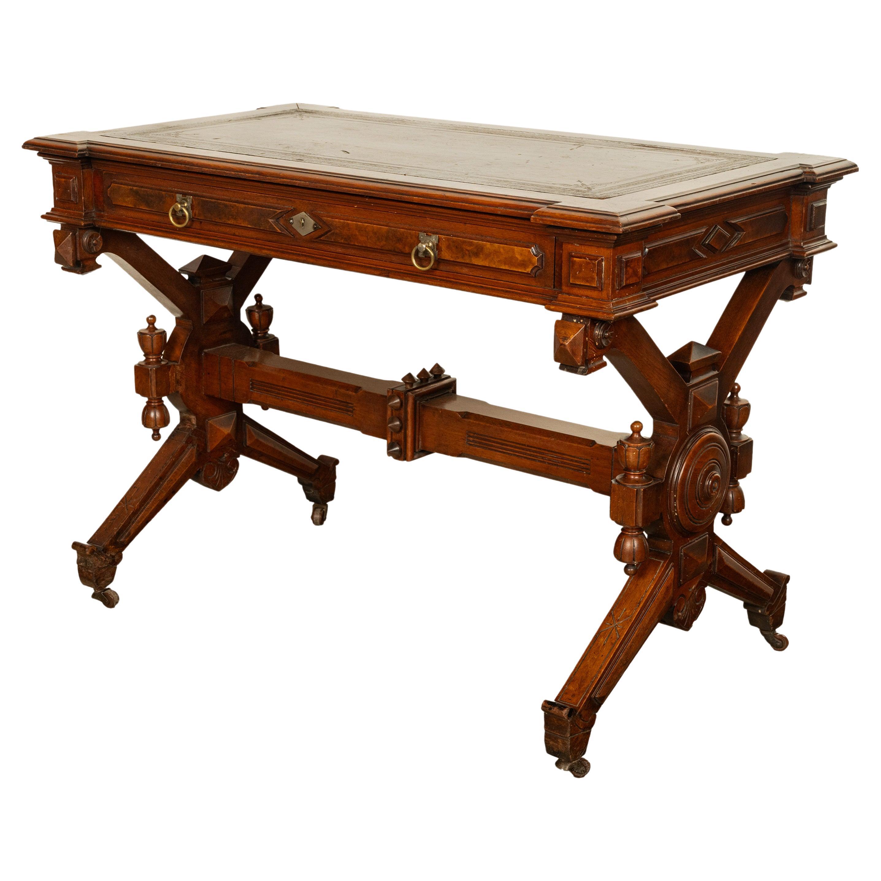 Antique American Walnut Renaissance Revival Aesthetic Movement Desk Table 1875 For Sale