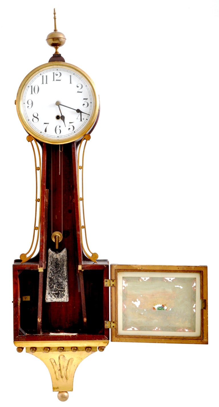 Antique American Waterbury Willard 8 day Églomisé "Aurora" 3 Banjo