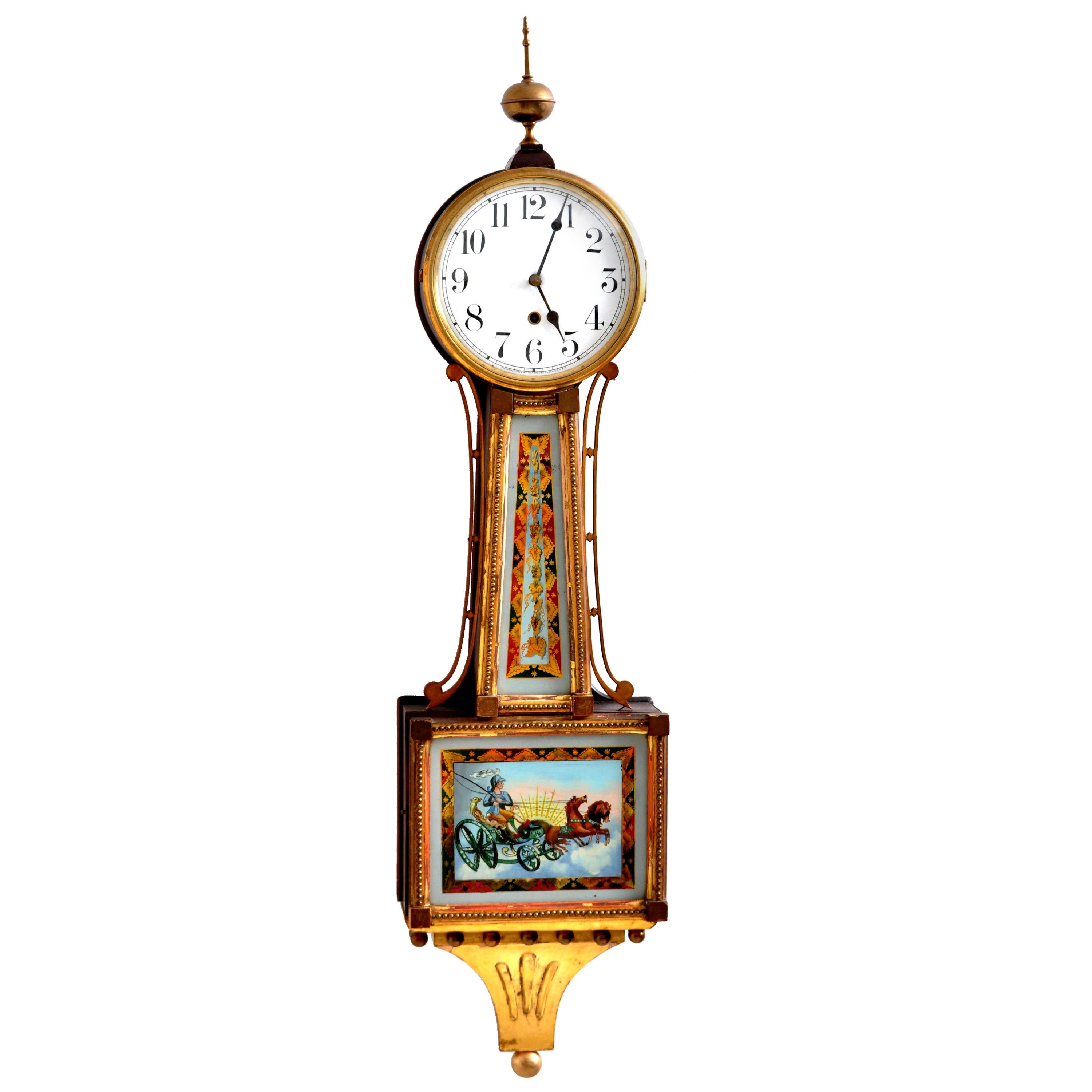 Antique American Waterbury Willard 8 day Églomisé "Aurora" #3 Banjo Clock, 1908