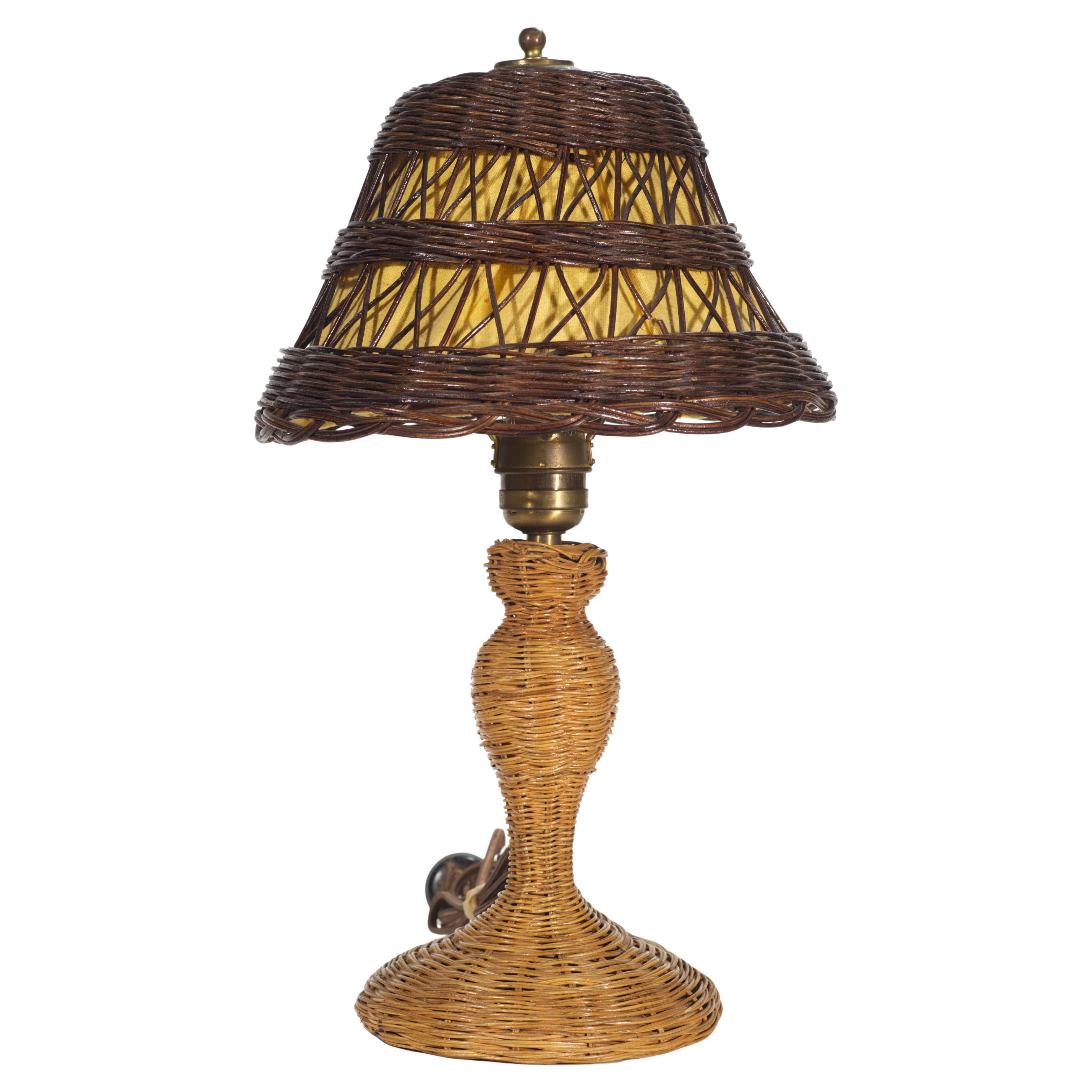 Antique American Wicker Rattan Arts & Crafts Table Lamp, 1918-1920
