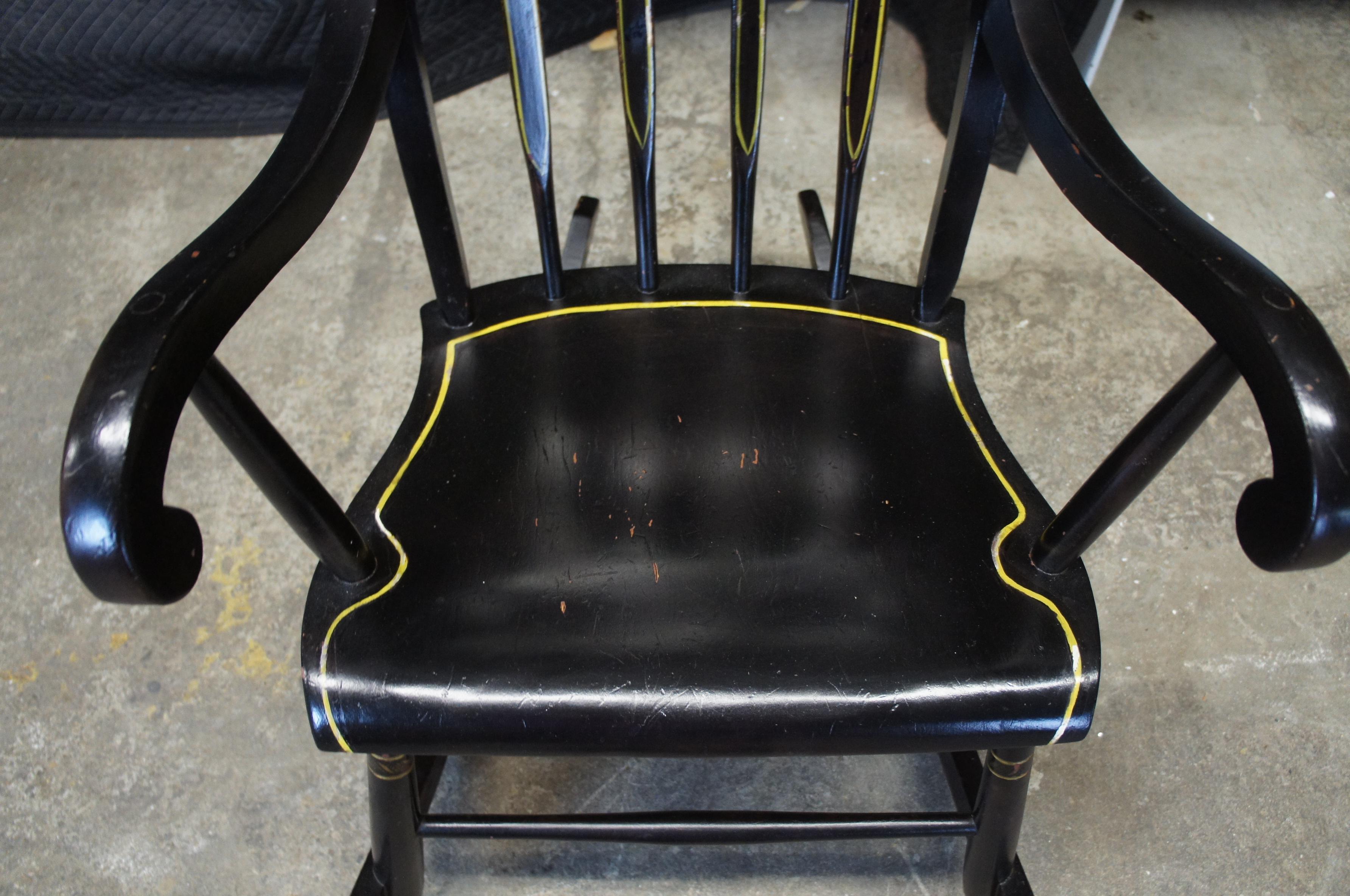 Antique American Windsor Folk Art Painted Stencil Back Boston Rocking Arm Chair 3