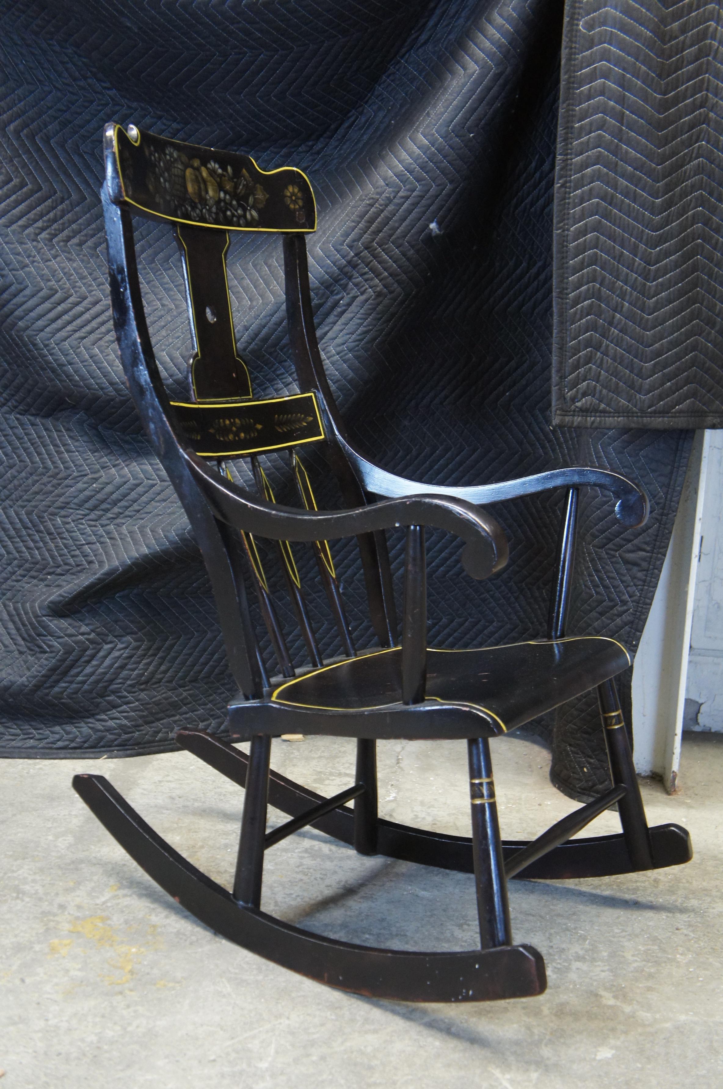 19th Century Antique American Windsor Folk Art Painted Stencil Back Boston Rocking Arm Chair
