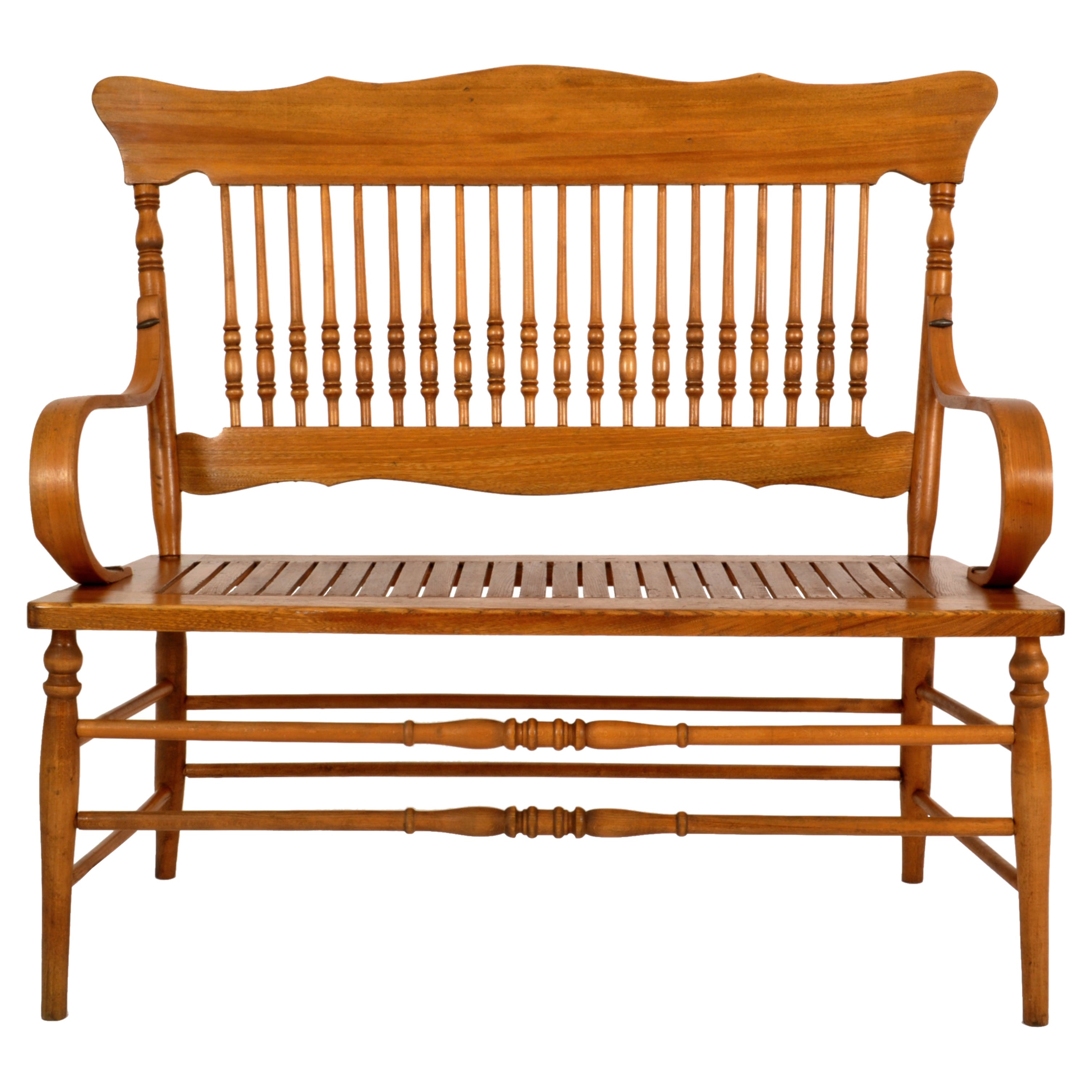 Antique American Windsor Maple Spindle Back Colonial Deacons Bench Loveseat 1880