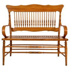 Antique American Windsor Maple Spindle Back Colonial Deacons Bench Loveseat 1880