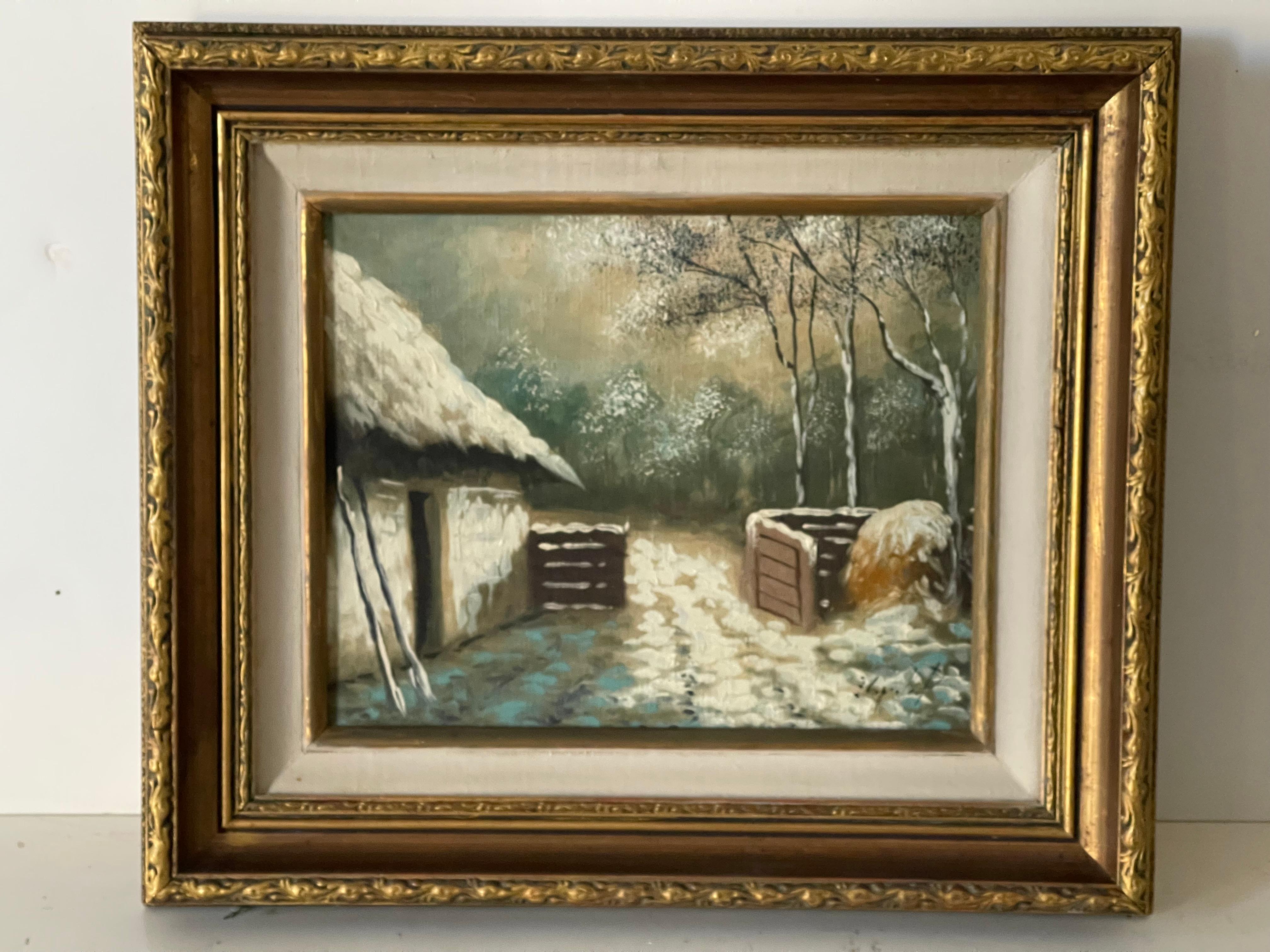 Ancienne huile sur toile américaine, paysage d'hiver, dans son cadre d'origine en or patiné. Signé en bas à droite de manière lisible. 