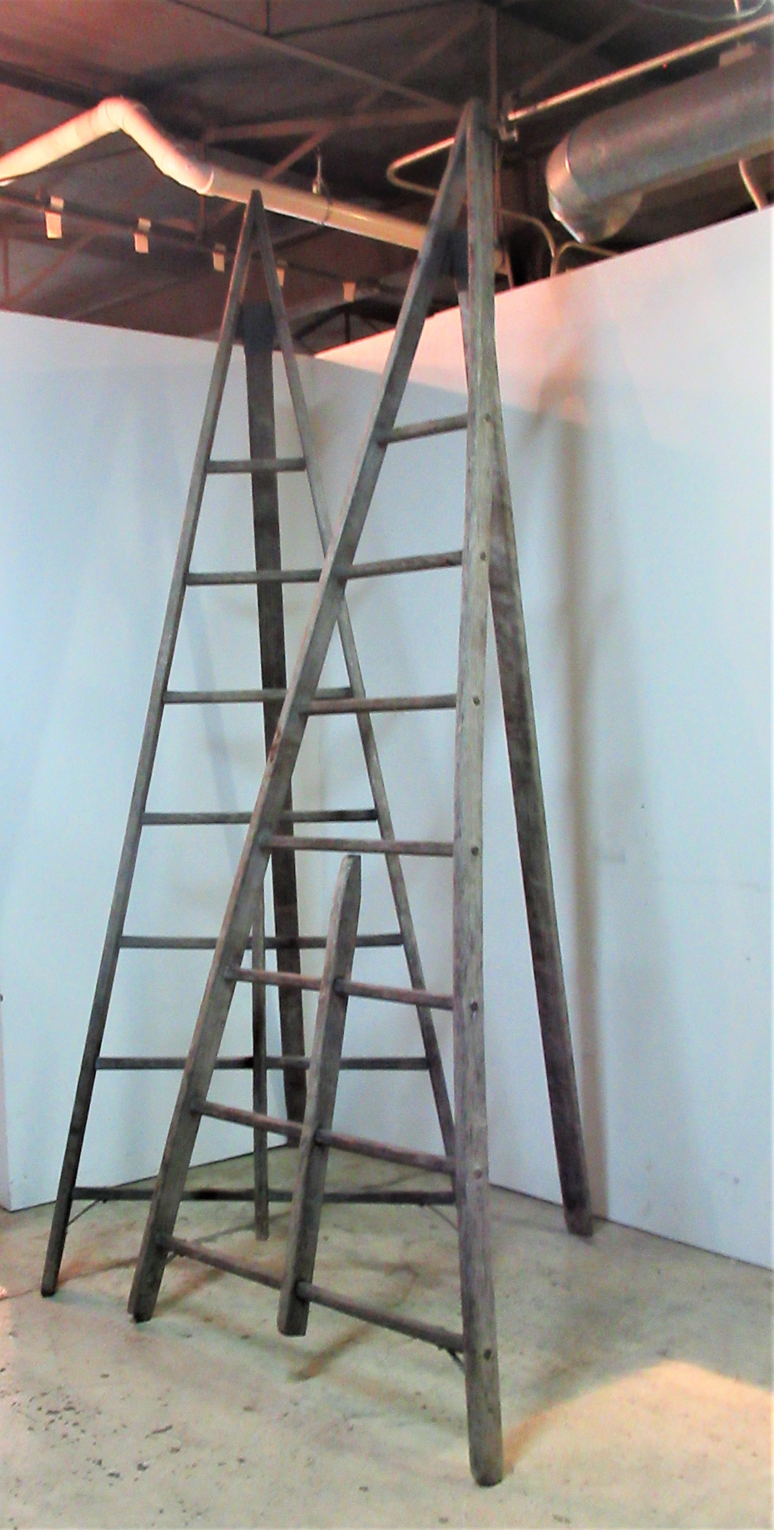 Antique American Wood and Iron A-Frame Peak Top Folding Orchard Ladders 9