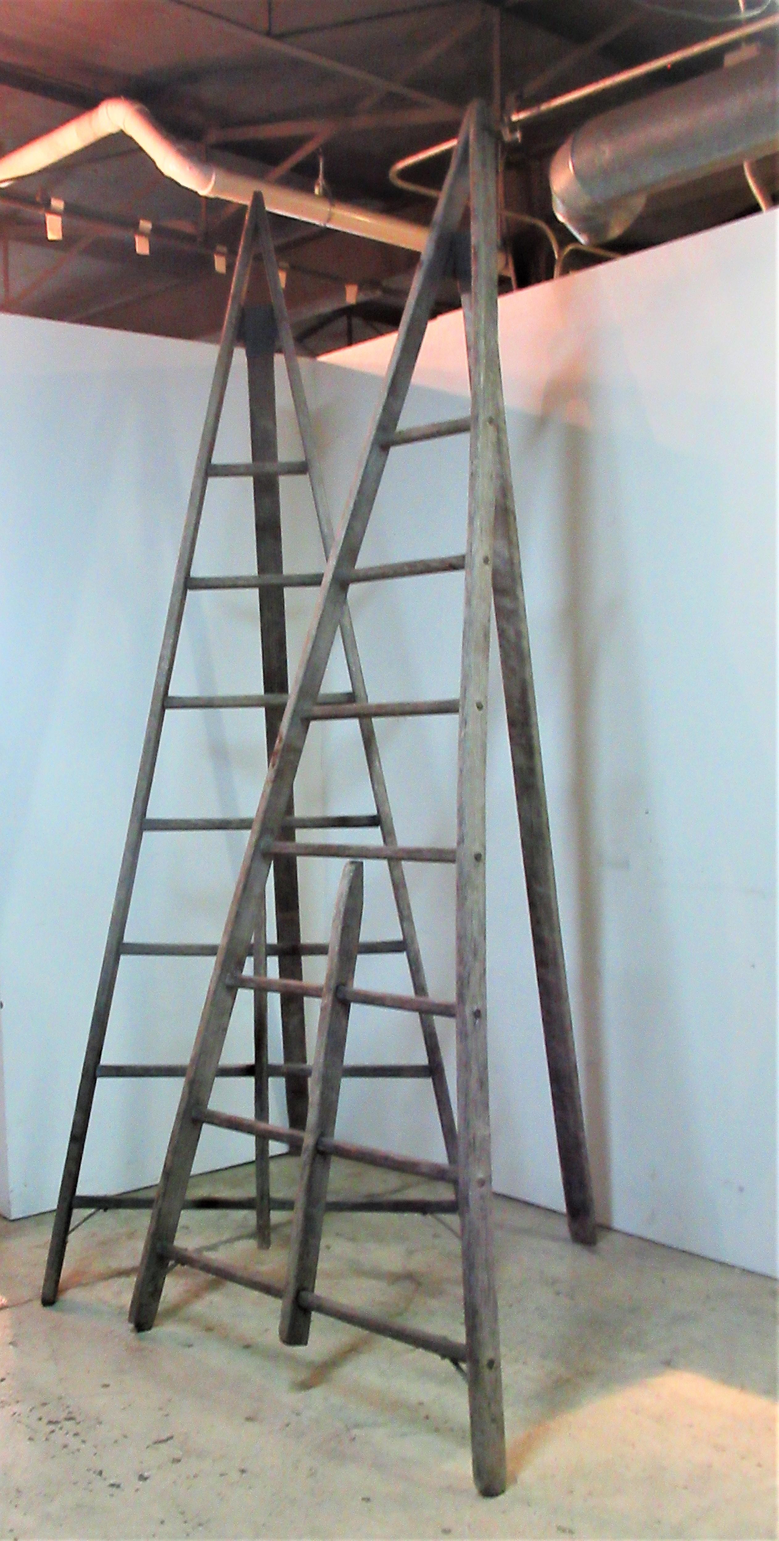 Antique American Wood and Iron A-Frame Peak Top Folding Orchard Ladders 10