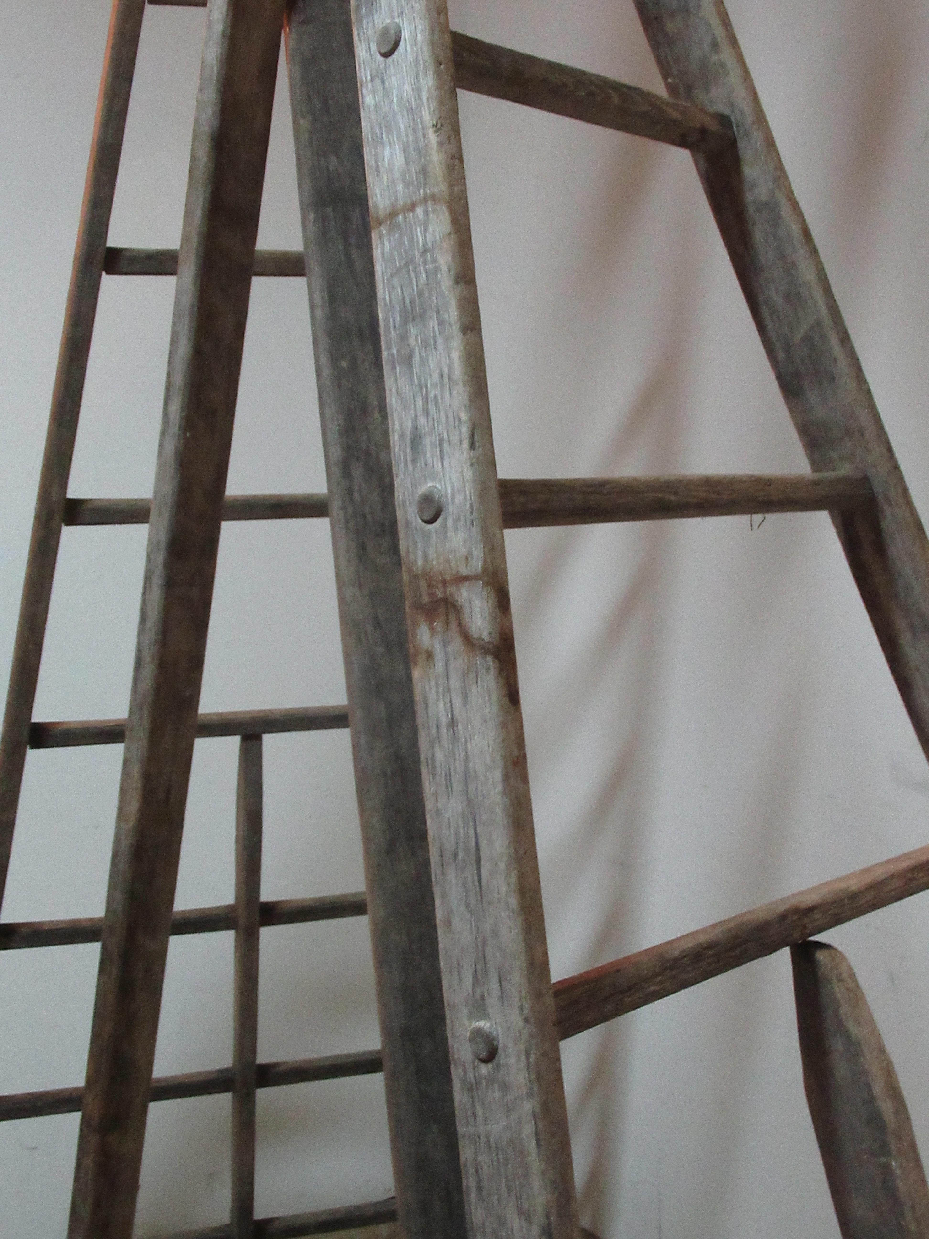 Antique American Wood and Iron A-Frame Peak Top Folding Orchard Ladders 10