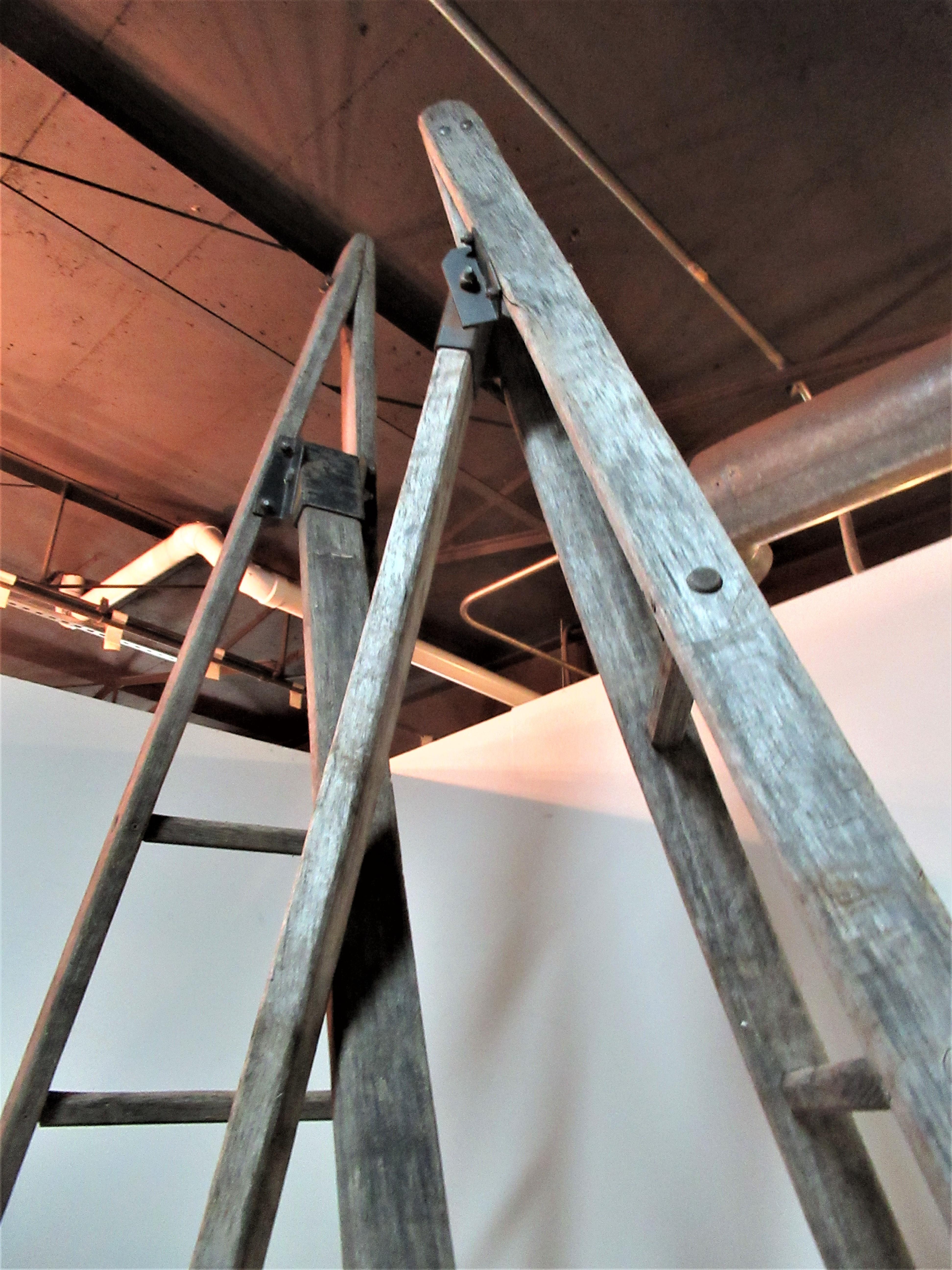 Antique American Wood and Iron A-Frame Peak Top Folding Orchard Ladders 12