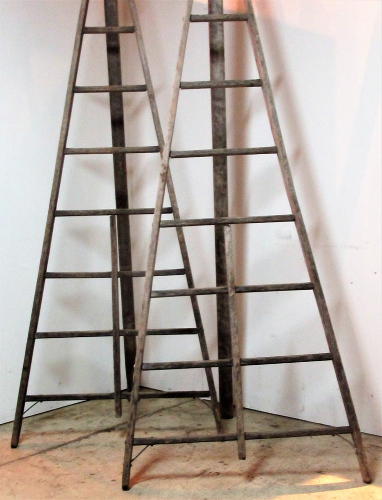 Antique American Wood and Iron AFrame Peak Top Folding Orchard Ladders