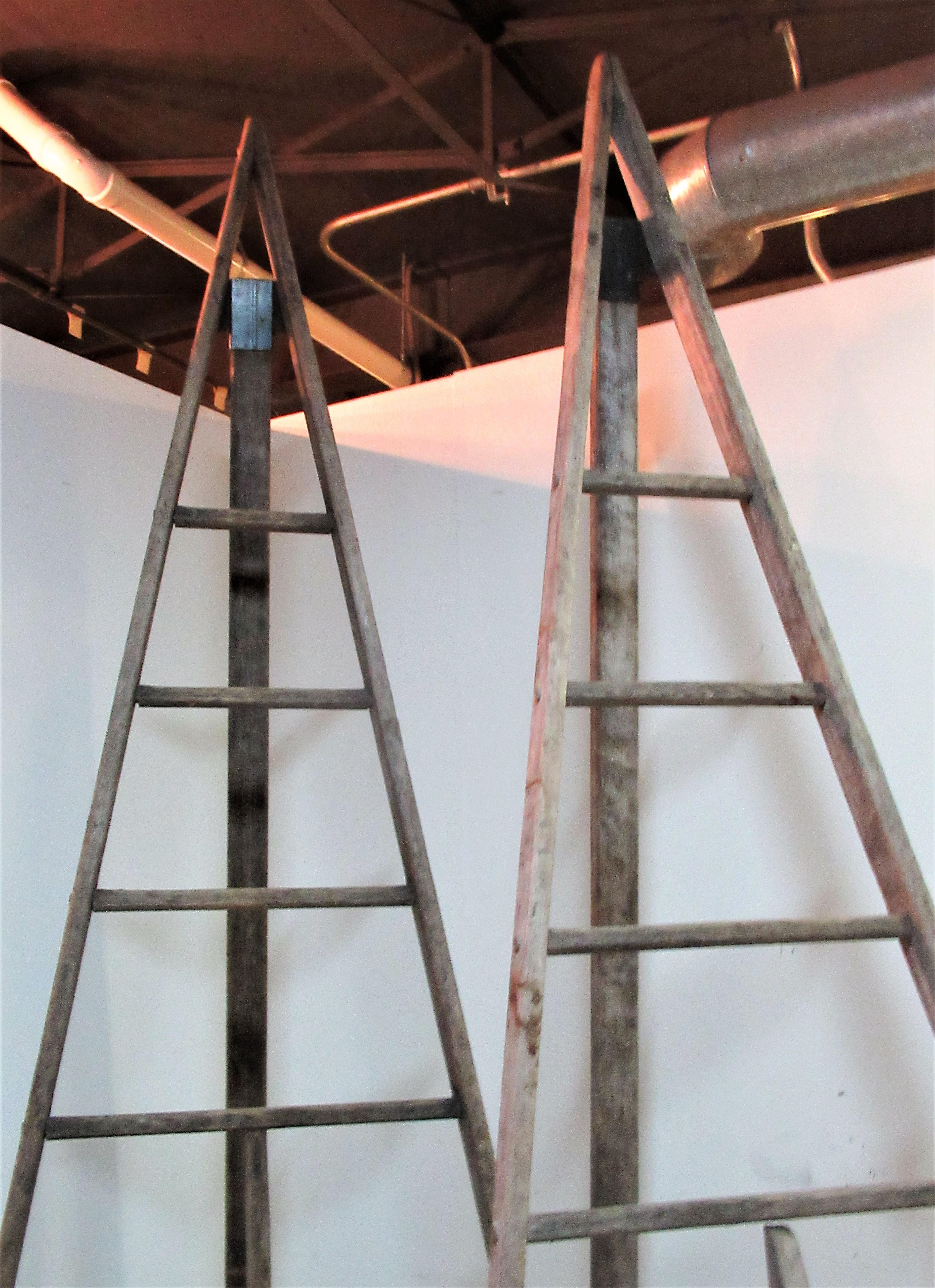 Antique American Wood and Iron A-Frame Peak Top Folding Orchard Ladders In Good Condition In Rochester, NY