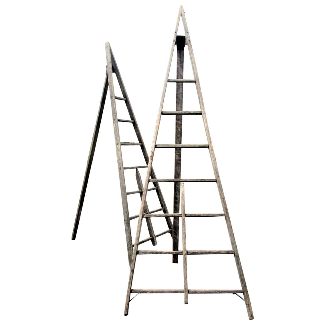 Antique American Wood and Iron A-Frame Peak Top Folding Orchard Ladders