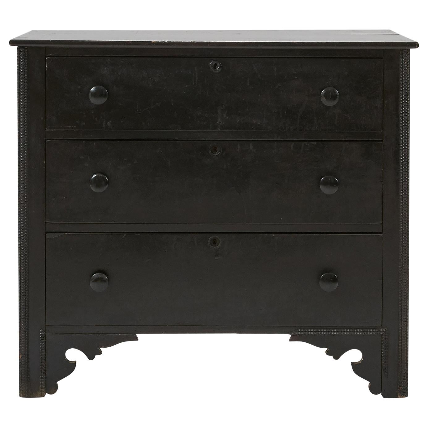 Antique American Wood Beaded Three-Drawer Ebony Dresser