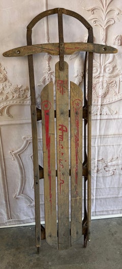 Antique American Wooden Sled with Original Red Graphics